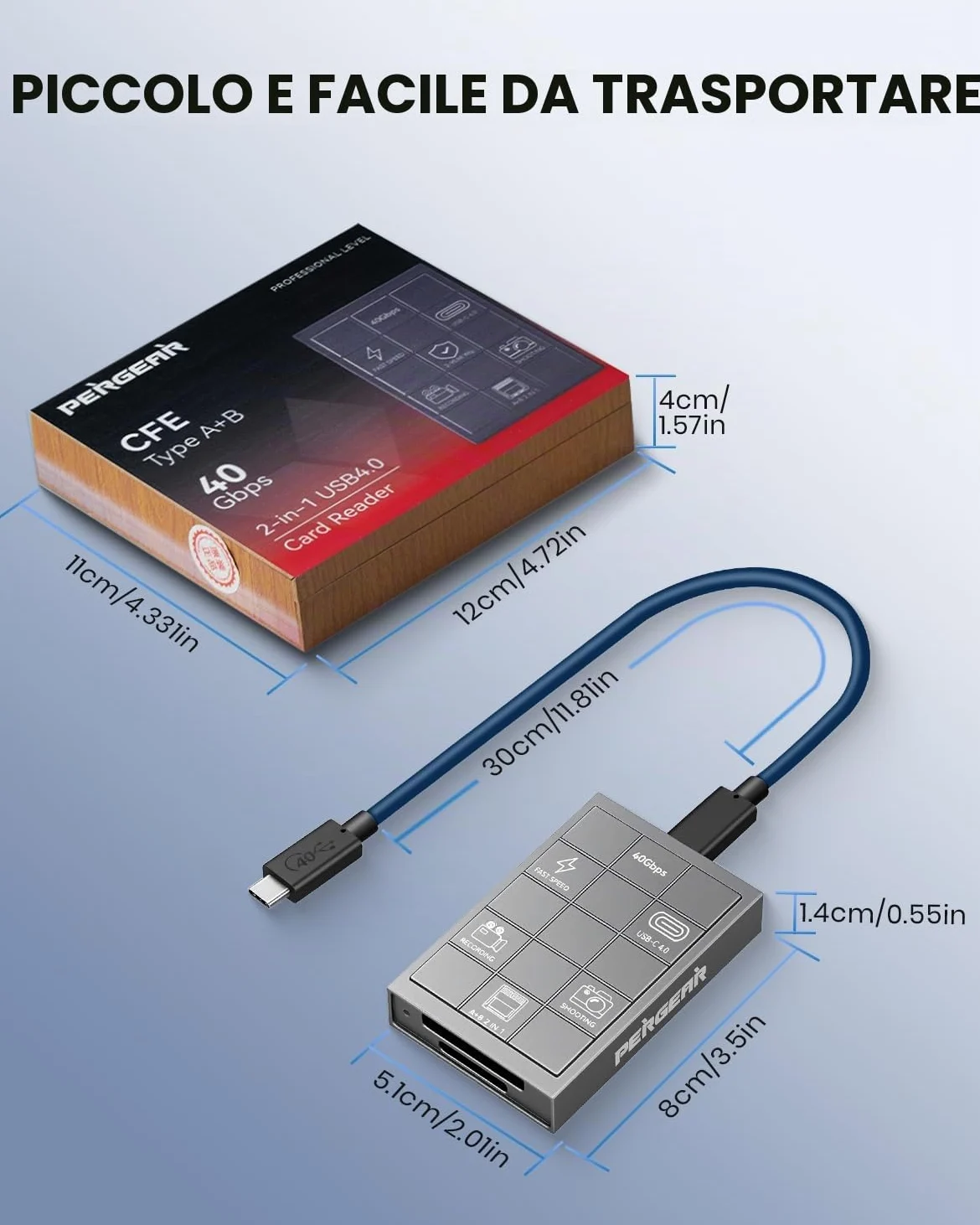 PERGEAR Lettore di schede professionale CFexpress 4.0 tipo A, USB tipo C 40 Gbps tipo C su CFexpress tipo A+B 2 in 1, trasmissione ad alta velocità per Windows/Mac/Linux/Android/iPad