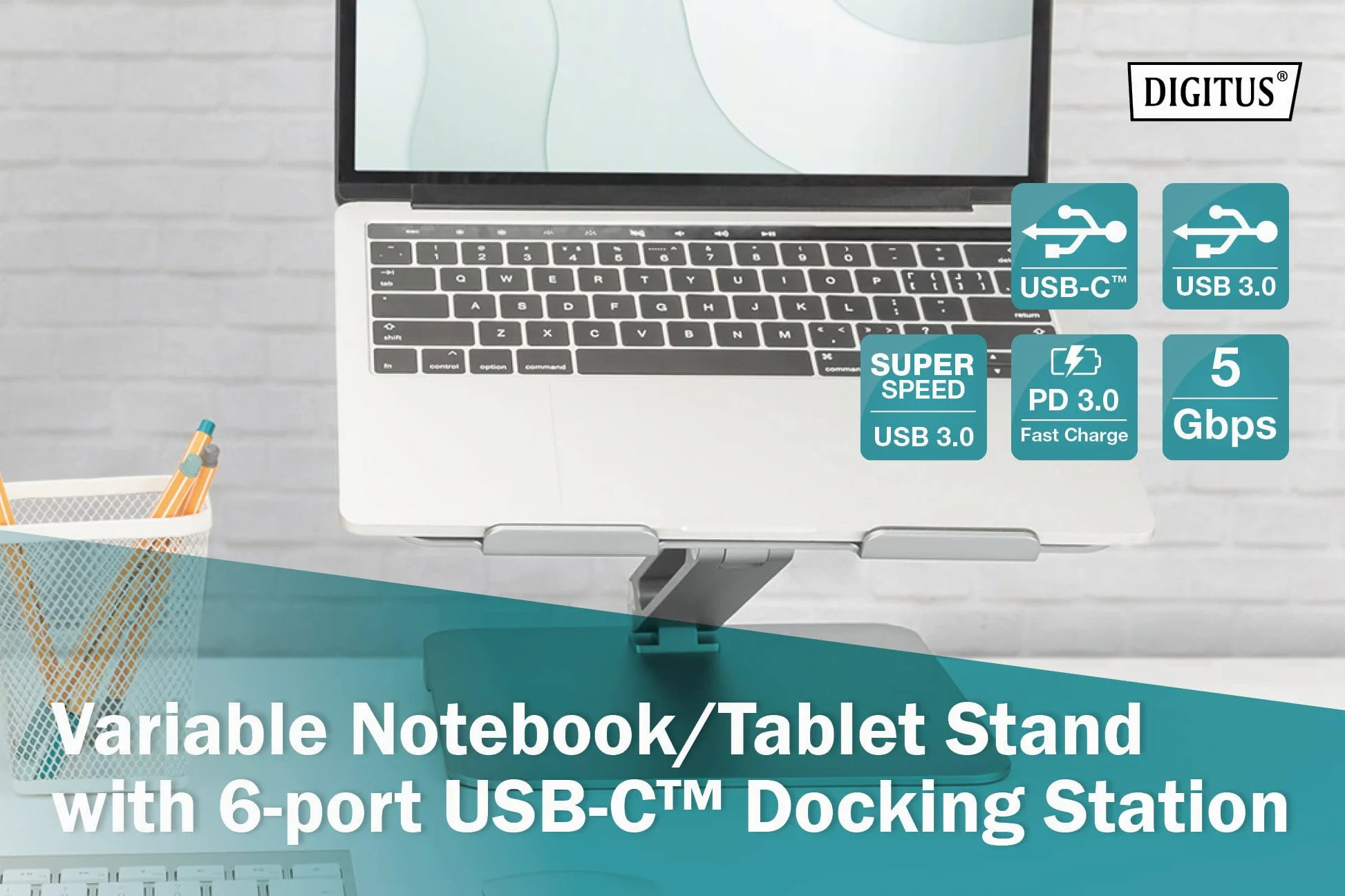 DIGITUS Supporto per notebook con funzione Hub USB-C 3 USB 3.0, 1 4K HDMI, 1 RJ45, 1 ricarica PD