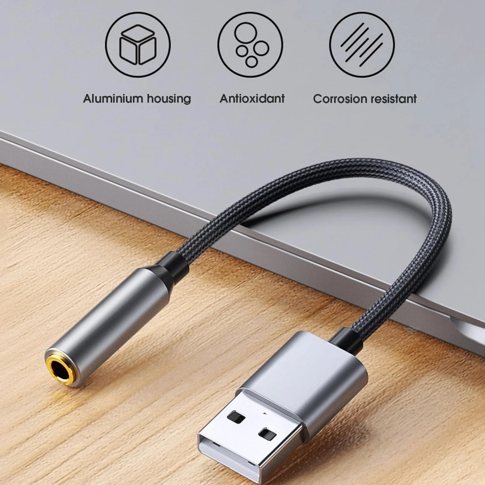 Convertitore audio audio stabile trasmissione dati USB a 3,5 mm Scheda audio desktop portatile pratico grigio argento 20 cm