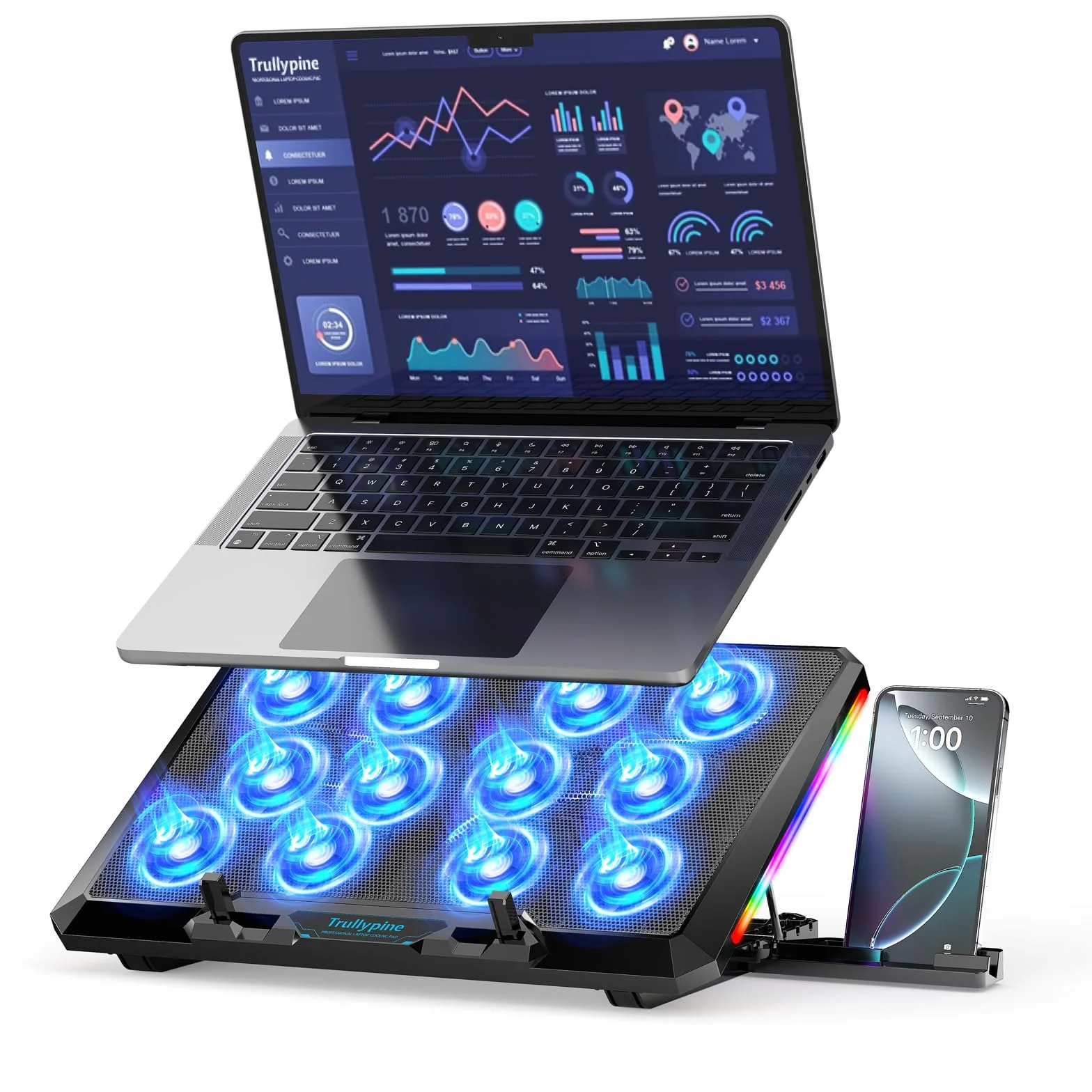 Basi di Raffreddamento per PC Portatili RGB, Ventola PC Portatile 5 Altezze Regolabili, 12 Ventole Silenziose, 2 porte USB, Raffreddamento Rapido, per 12-17,3 pollici (Ingranaggio)