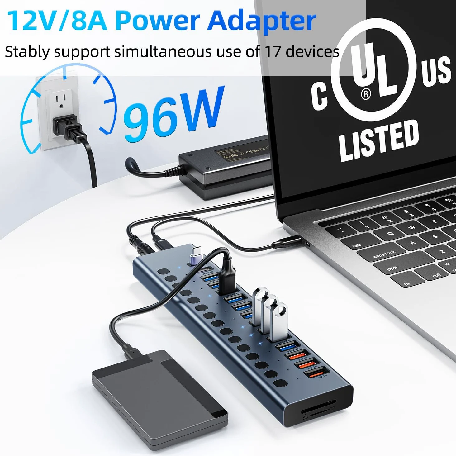 Powered USB Hub, VANGREE 17-Port USB Splitter (7 USB 3.0 Ports+3 2.4A Charging Ports+3 USB 2.0 Ports+2 USB-C 3.0 Ports+SD/TF Card Reader), Individual On/Off Switches, 90W Power Adapter for Laptop, PC