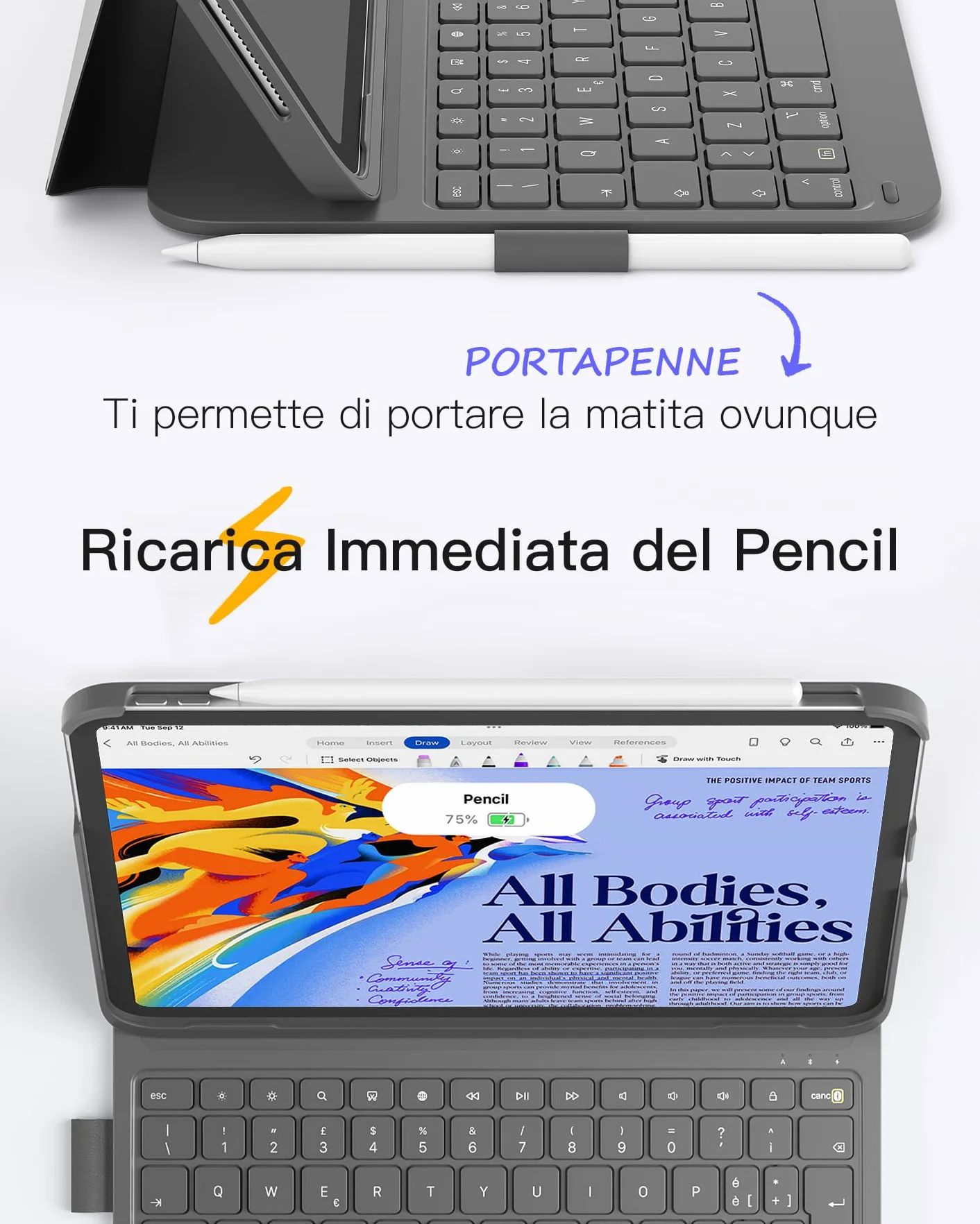 Inateck Air Tap Custodia con tastiera per iPad 10 gen, 11 gen A16 2025, Air 11 M4/M3/M2(2026/2025/2024), Air 5/4, Pro 11 (4/3/2/1), QWERTZ, tastiera ultra leggera con portapenne，BK2007 Grigio