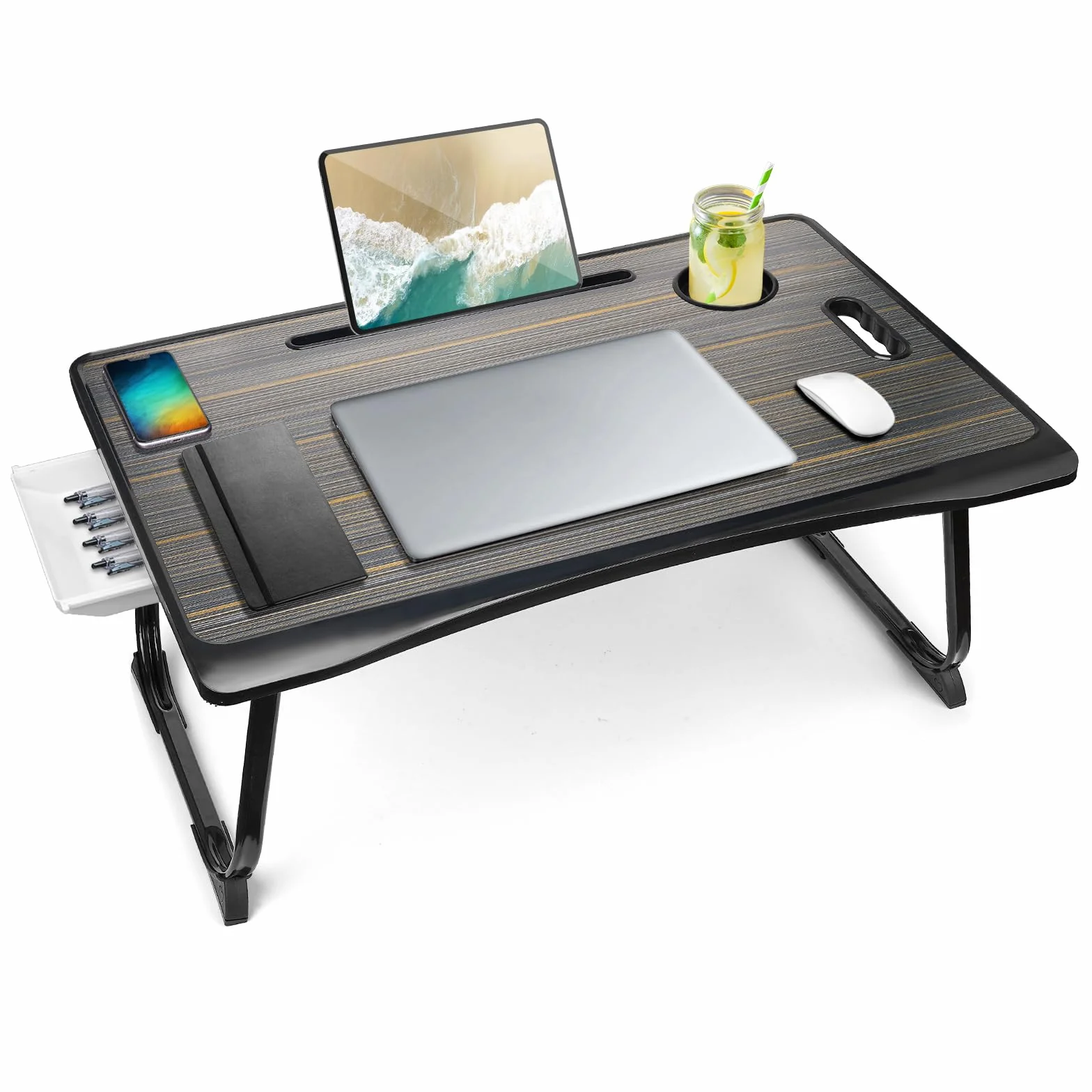 Amaredom - Vassoio da Scrivania per Computer Portatile, Pieghevole, Portatile, Supporto da Lettura con Cassetto e Portabicchieri, per Mangiare La Colazione sul Letto/Divano/Divano - Nero