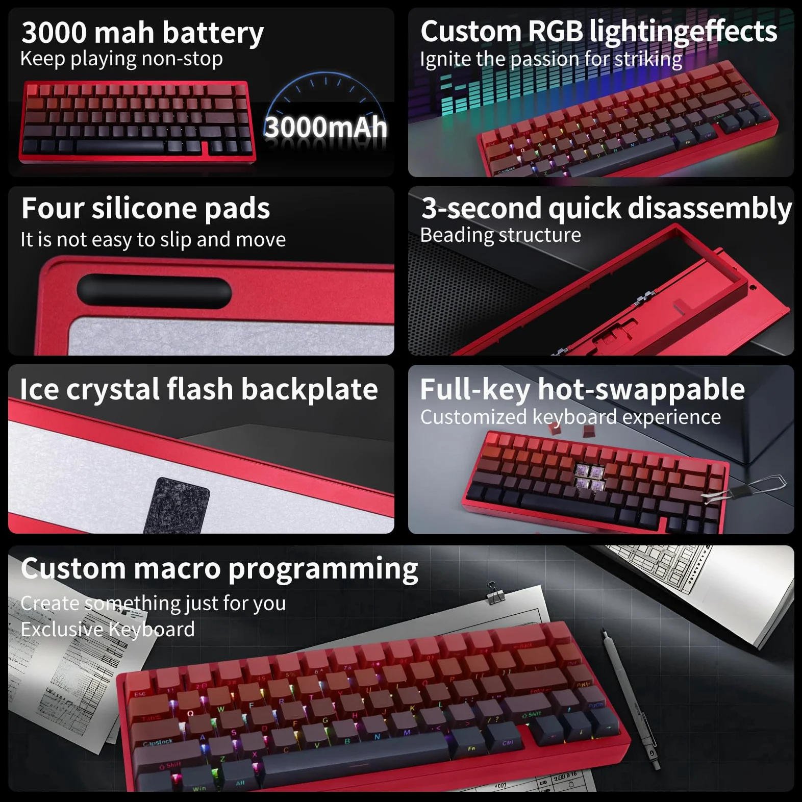 Tastiera da gioco a 67 tasti, 3 modalità, in alluminio, con guarnizione CNC, retroilluminazione RGB, tastiera meccanica personalizzata wireless/cablata per Mac, Windows Linux, keycap PBT double-shot