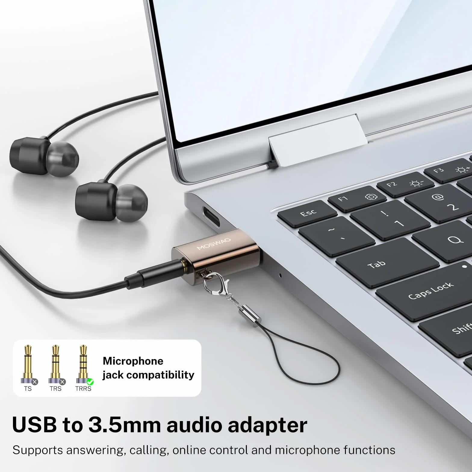 MOSWAG Adattatore audio da USB a jack da 3,5 mm, adattatore audio jack per scheda audio esterna, convertitore AUX per microfono TRRS USB compatibile con cuffie, PC, laptop, Mac, desktop, Linux, PS4 e