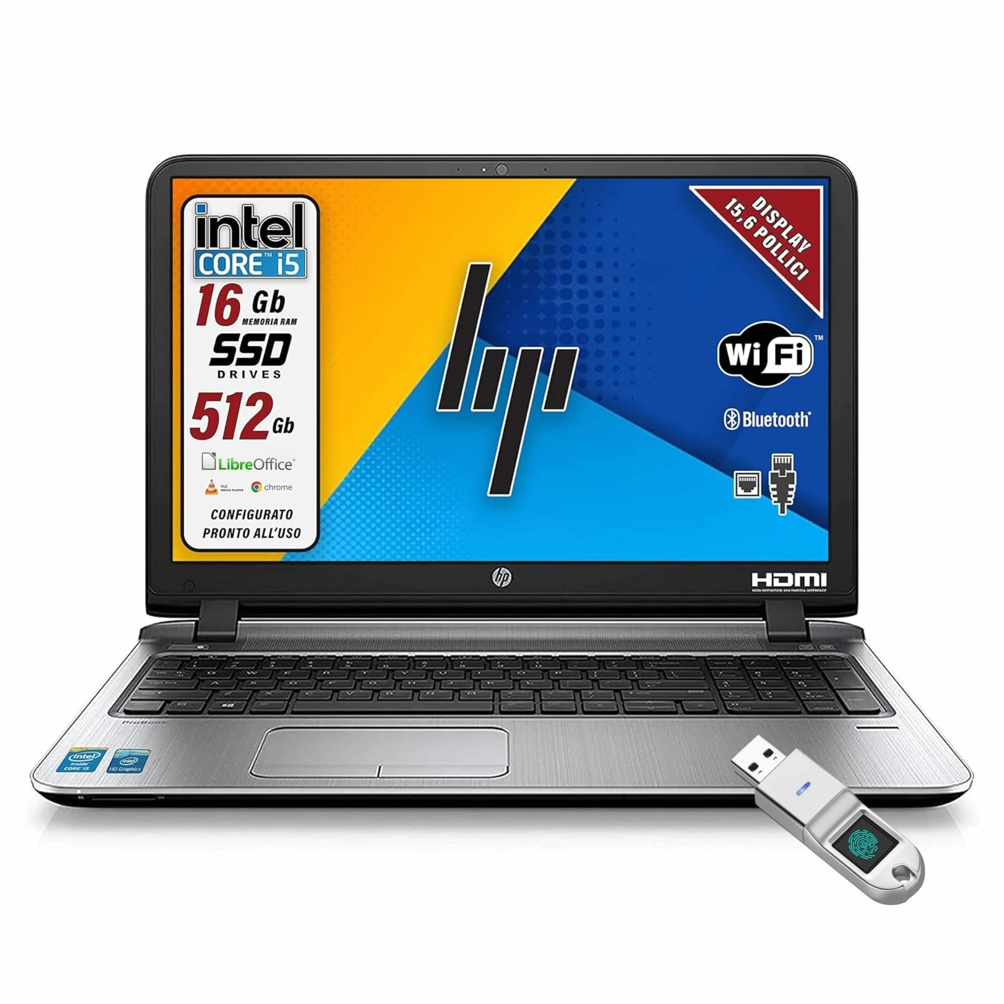 HP, Probook, Pc Portatile Notebook Intel i5-6th, Display HD da 15,6", Ram 16Gb, SSD 512Gb, Pacchetto Libre, Chiavetta FInger Print (Ricondizionato)