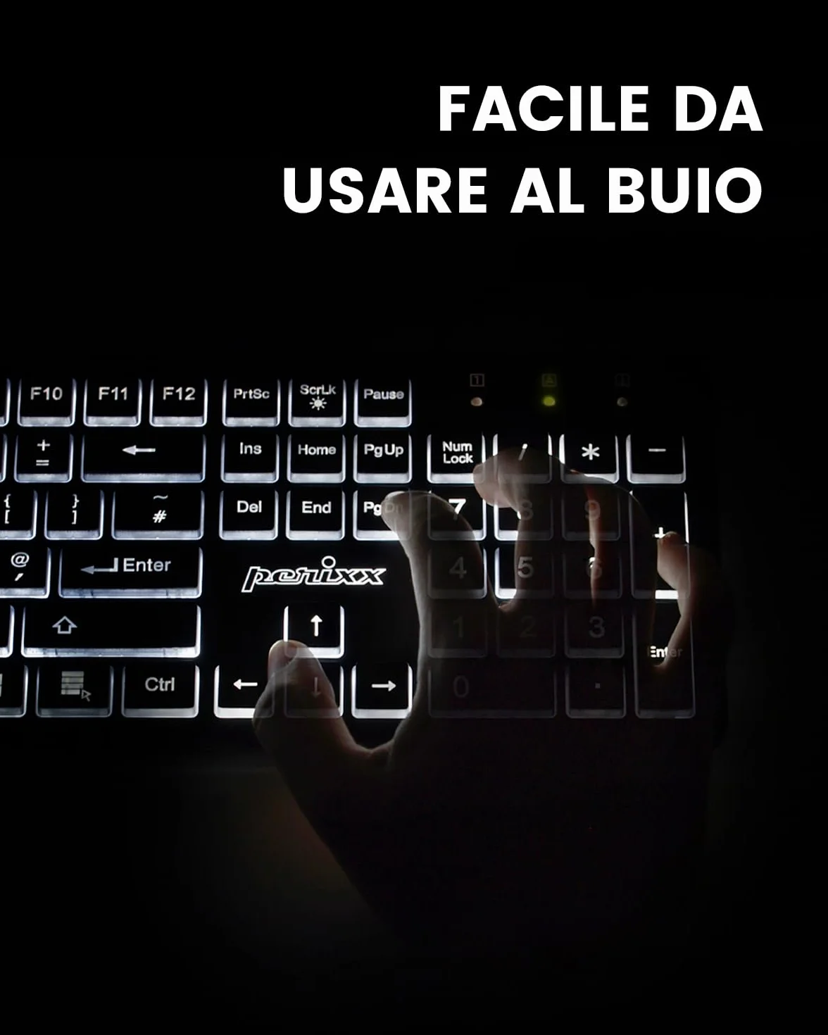 Perixx PERIBOARD-317 Tastiera Retroilluminata LED Bianchi USB Cablata, Full-size, Lettere grandi, Layout Italiano QWERTY