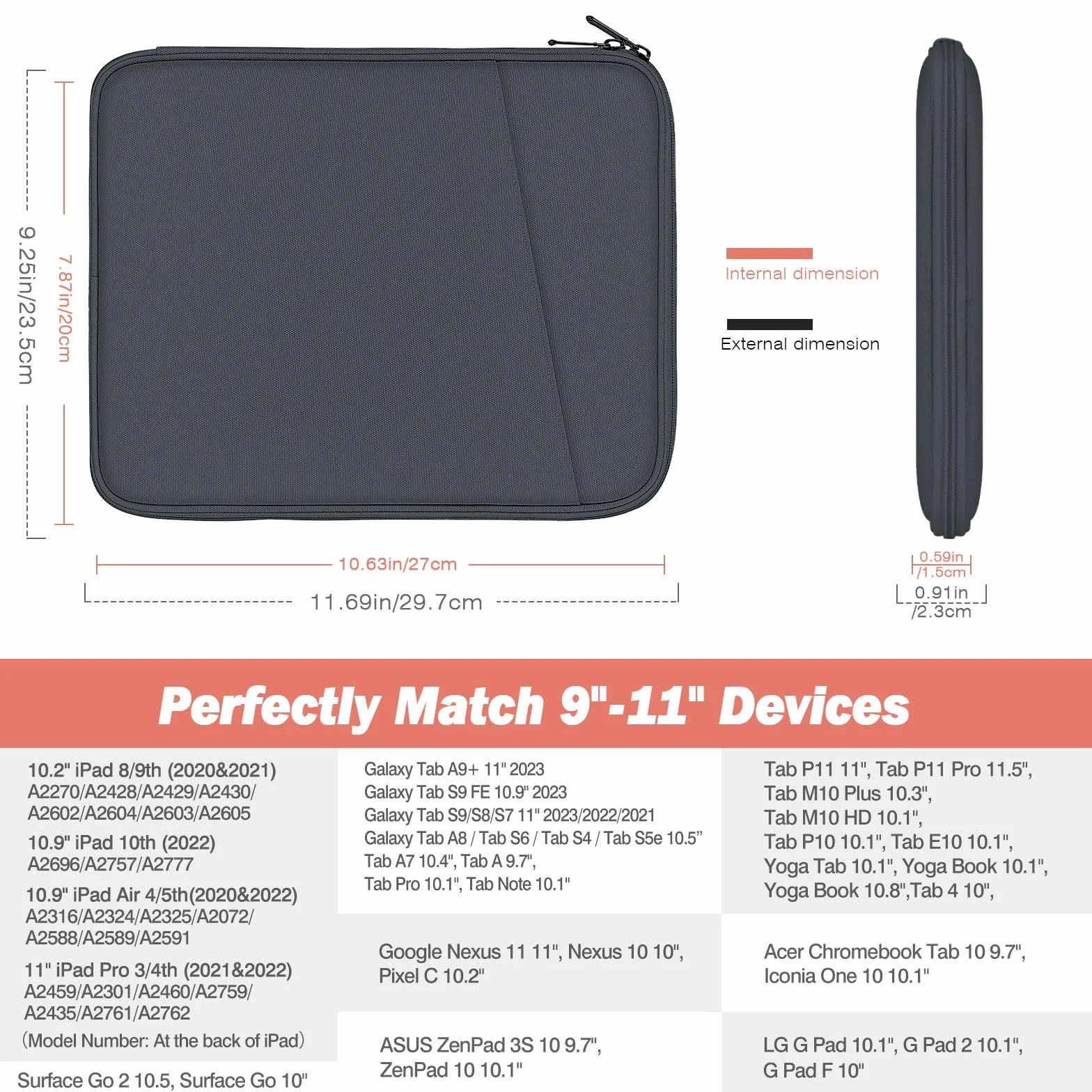 MoKo 9-11'' Custodia Protettiva Compatibile con 11" iPad Air M3, iPad A16 2025, iPad Pro 11 M4 2024/11" iPad Air M2 2024/iPad 10a 10,9 2024/iPad Air 5/4 10,9, Galaxy Tab S9/S8/A8/A7 2022, Grigio Scuro