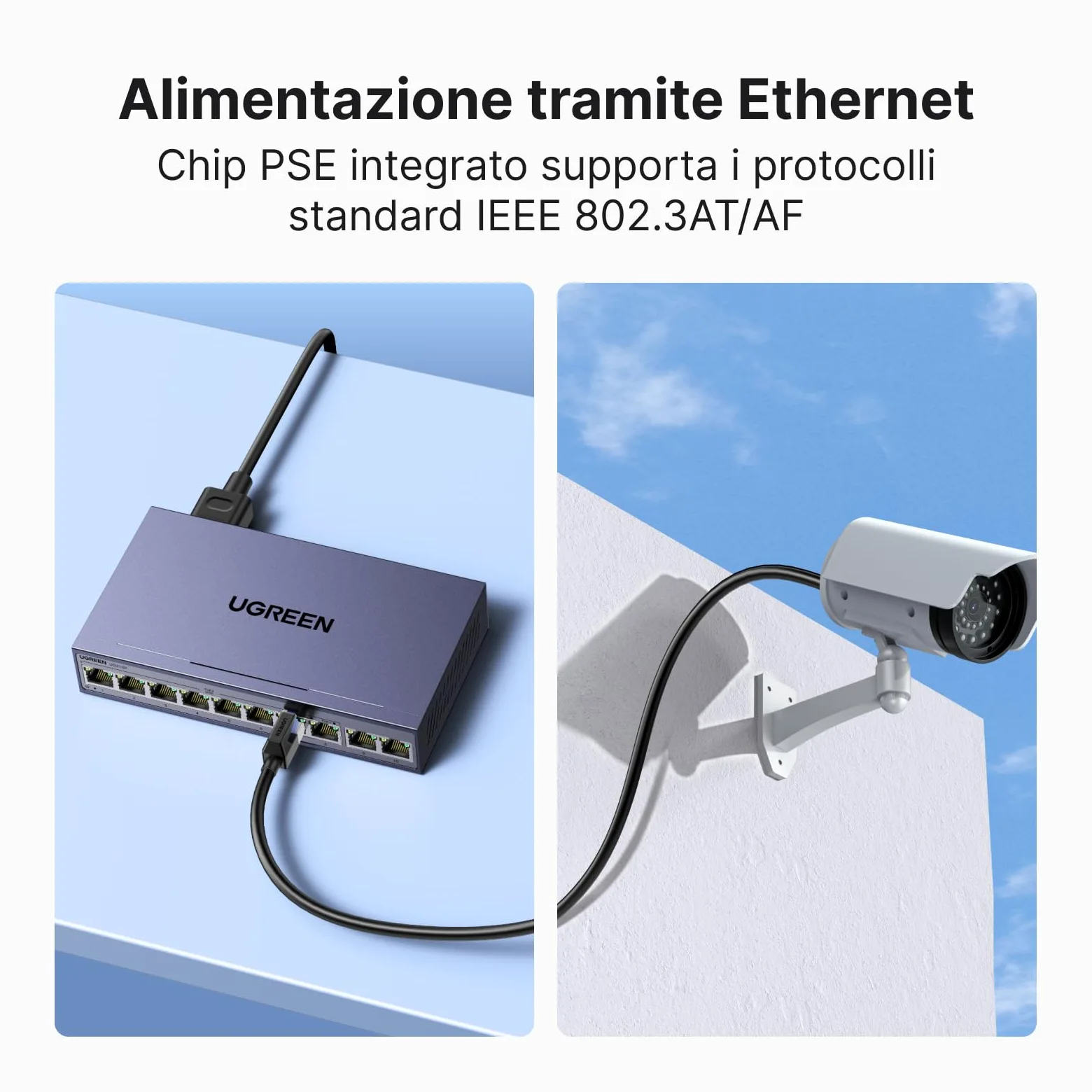 UGREEN 10 Porte Gigabit PoE LAN Switch con 8 PoE Switch + 2 Gigabit-Uplink 60W Potenza Totale per tutte le Porte PoE, Switch di Rete ideale per NVR, Telecamere IP, Non Gestito con Carcassa Metallica