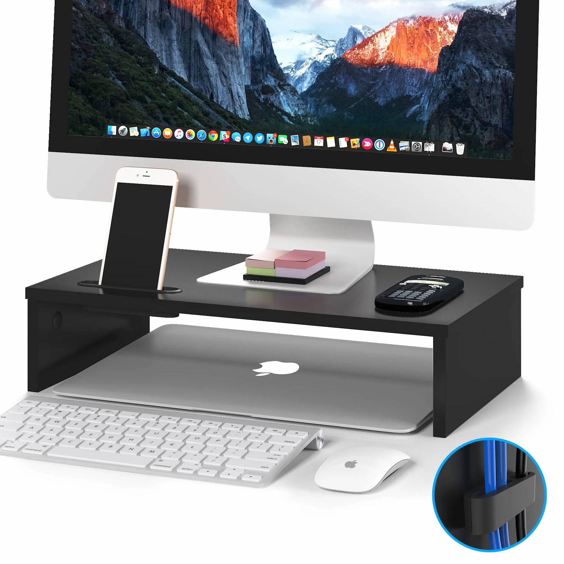 BONTEC Supporto per Monitor in Legno, per Monitor da Tavolo ergonomico per Laptop, Computer, Notebook, iMac, Stampanti, Portata Fino a 30 kg, W420 x D235 x H104mm, Nero