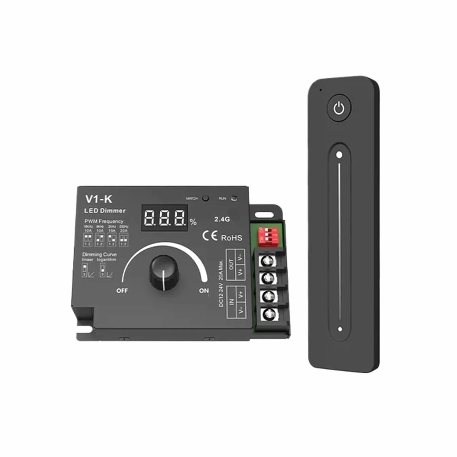 V1-K LED Strip Dimmer 12-48V DC - 20A Adjustable Touch Remote Control with 2.4G Frequency for Smooth Dimming(V1-K and R11)