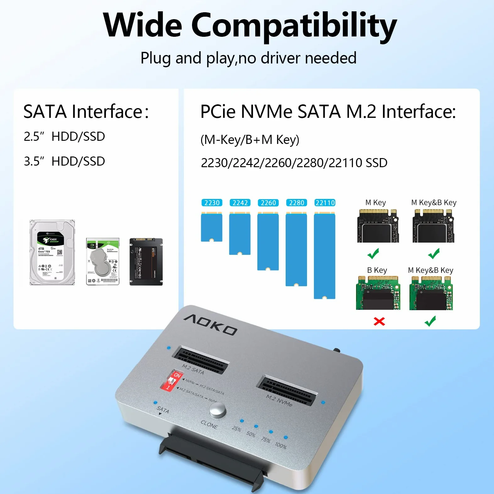 AOKO M.2 Duplicatore SATA a NVMe SSD Cloner, adattatore NVMe a SATA SSD e lettore di dischi rigidi, docking station per PCIe + M.2 NGFF e 2,5 "/3,5" SATA SSD/HDD e cloner bidirezionale offline hard