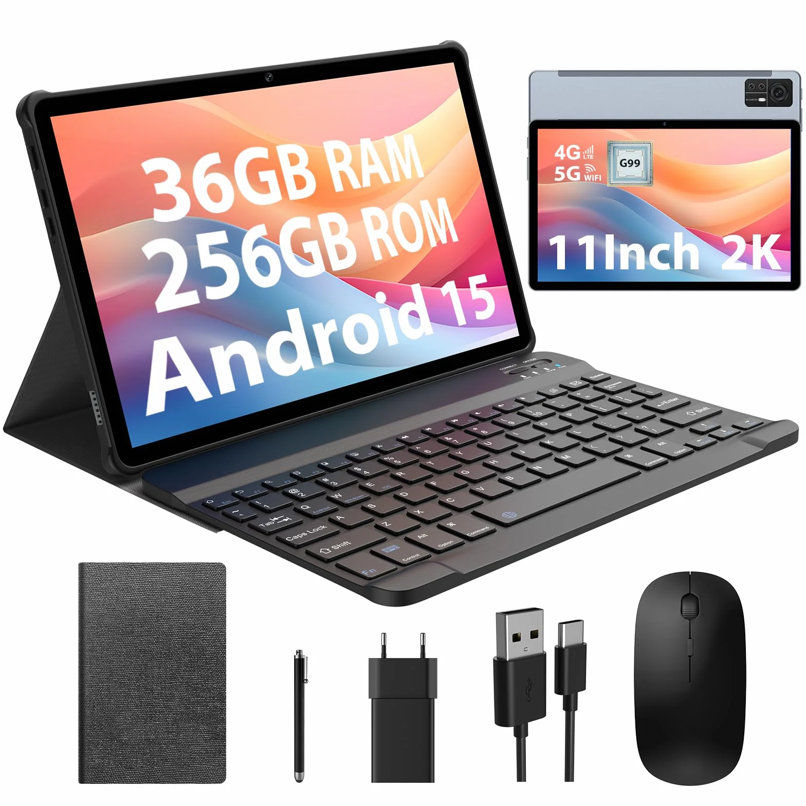 Tablet 11 Pollici Android 15 Tablet,Doppio SIM 4G LTE+5G WiFi,Octa-Core 2.0Ghz,2000x1200 FHD/36GB RAM+128GB ROM/9580mAh/Face Unlock/OTG/GPS-Tablets in Offerta con Tastiera e Mouse,Grigio