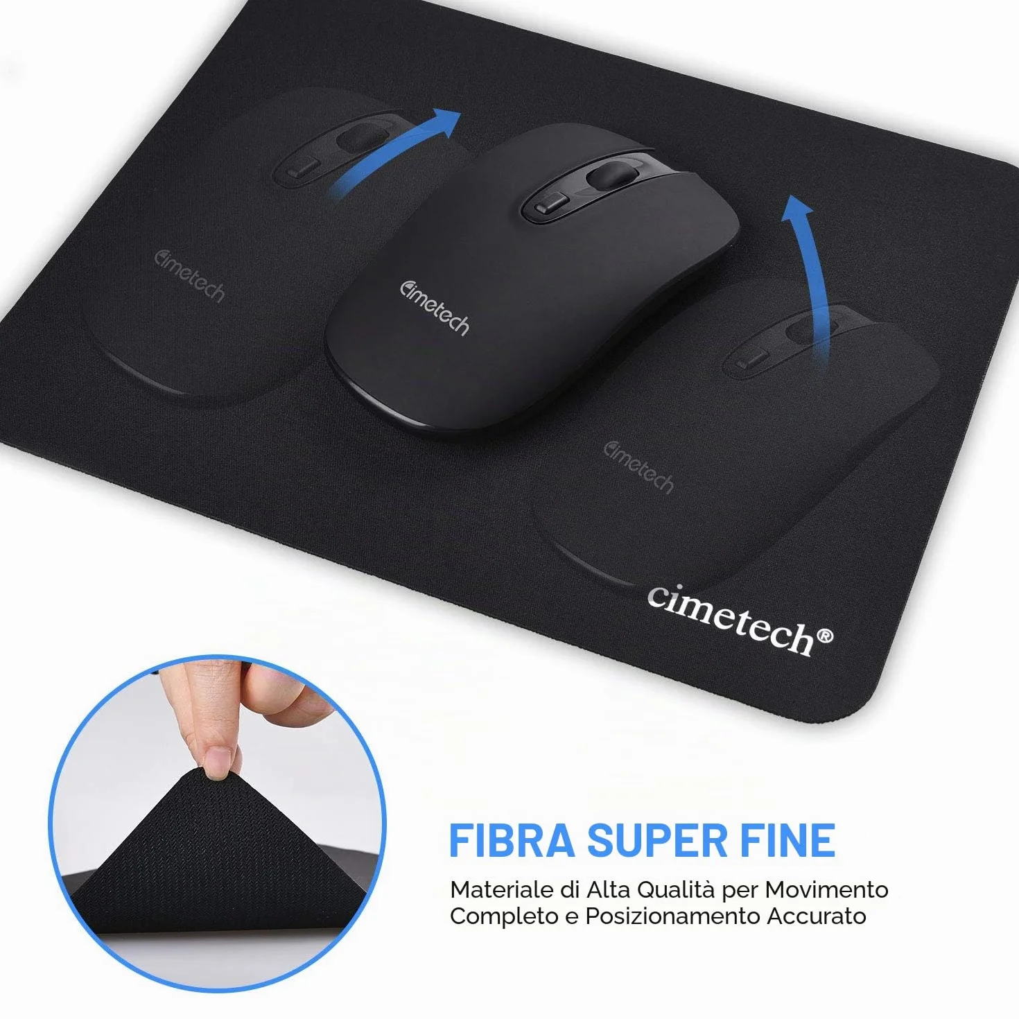 cimetech Tappetino per Mouse in Fibra di Seta Liscia Antiscivolo Lavabile Nero Black