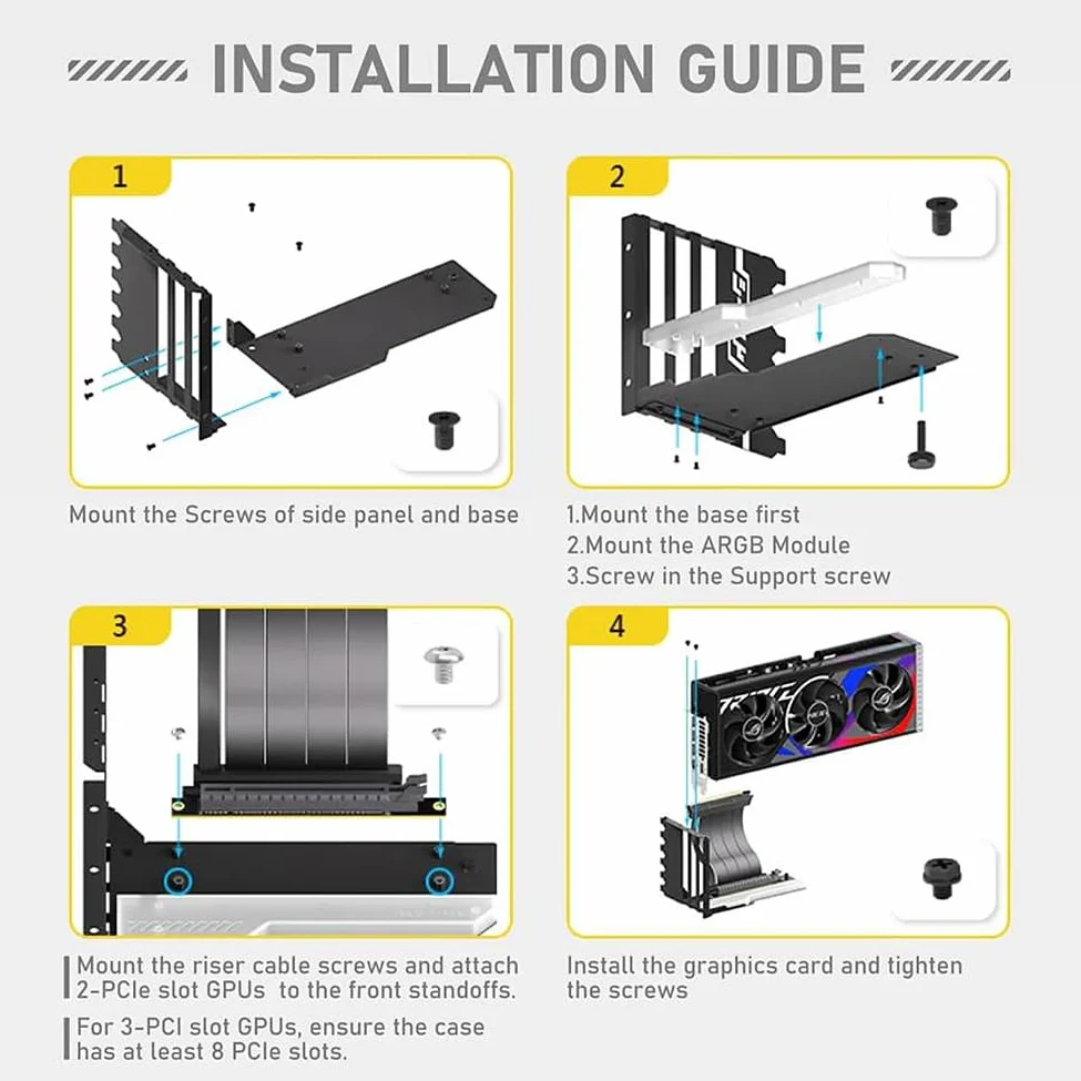 Kit di supporto per scheda grafica verticale con cavo Riser PCI-E 4.0 X16 da 15 cm, kit di supporto per scheda video ad angolo retto di 90 gradi, supporto per scheda grafica (nero lucido