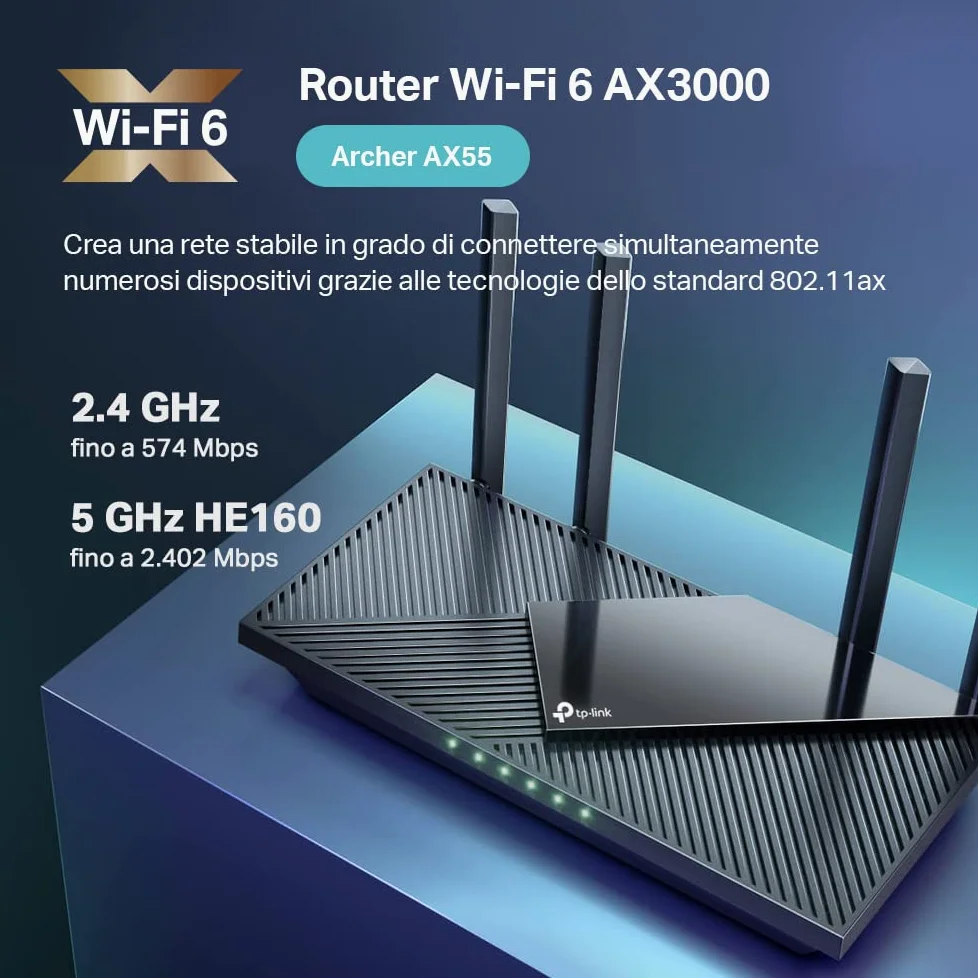 TP-Link Archer Ax55 Router Wifi 6 Dual-Band Ax 3000 Mbps, 5 Porte Gigabit, 1 Porta Usb 3.0, TP-Link Homeshield, Onemesh, Router F, Ftth, Fttb, Ethernet, Tether App, Compatibile Con Alexa, Nero