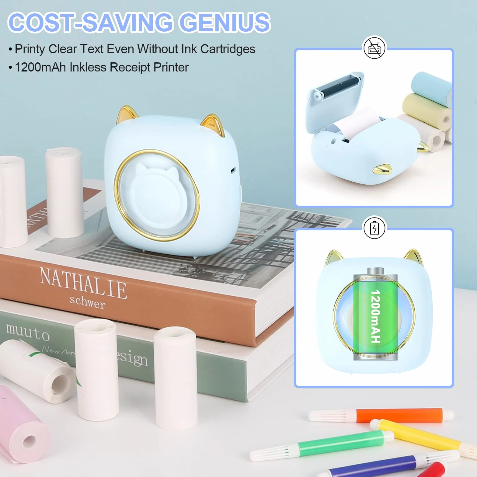 GuKKK Mini Stampante Fotografica, Mini Stampante Termica con LED colorati, Stampante Fotografica Istantanea Portatile, Mini Stampante Termica Bluetooth Ricarica USB, per Note, Diario, Elenco