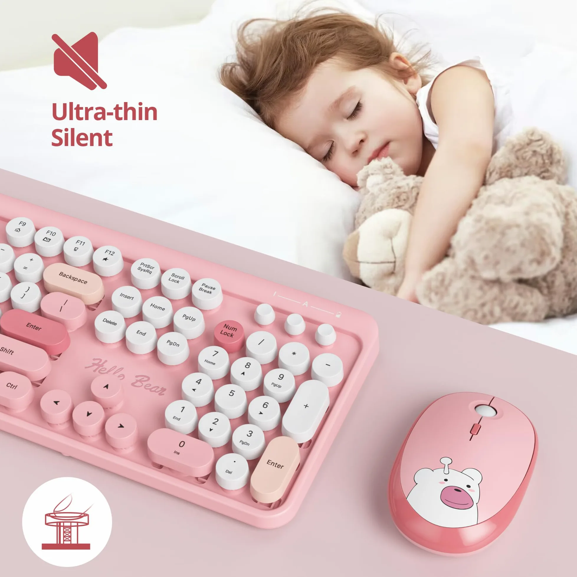 Tastiera e Mouse Senza fili, Americana QWERTY，Cute Tastiera Wireless con Tastierino Numerico, 2.4 GHz Retro Macchina Da Scrivere Full-size with Tasti Rotondi（Bear Pink）