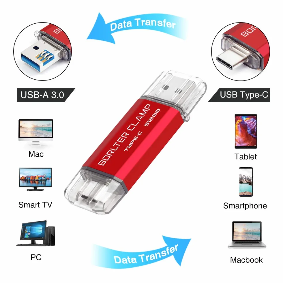 512GB Chiavetta USB 3.0 Tipo C, BorlterClamp 2 in 1 Pen Drive (USB C e USB 3.0) OTG Memoria Flash, USB Flash Drive per Tipo C Android Smartphone/Tablet/Computer (Rosso)