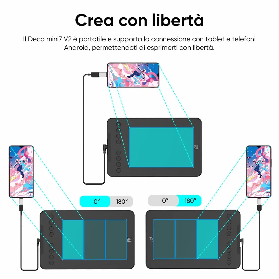 XPPen Deco Mini7 V2 Tavoletta Grafica con penna senza batteria 16384 livelli, per disegno, OSU Play, Compatibile con Windows/MAC OS/Android 10.0/Chrome OS