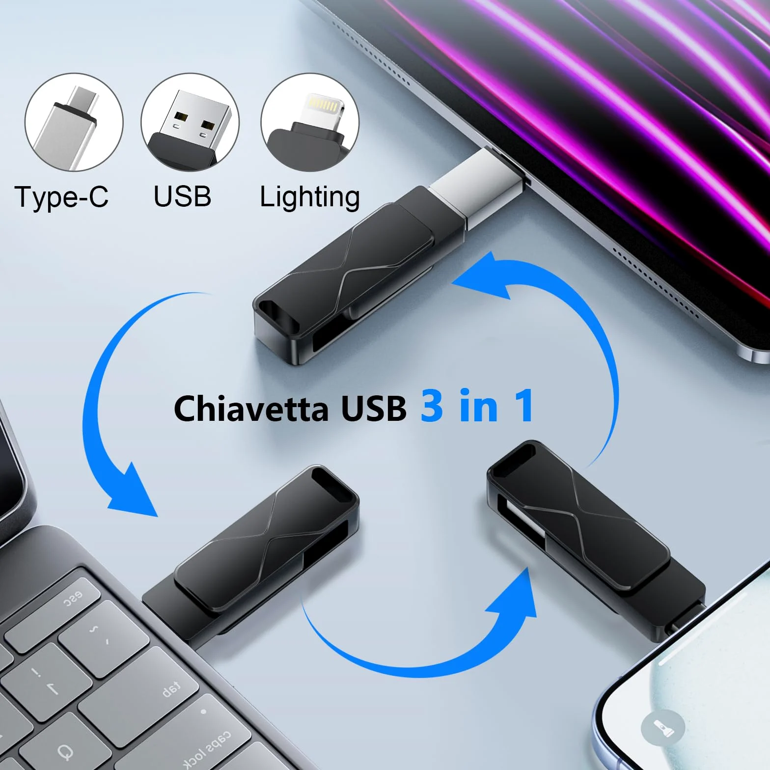 Chiavetta Usb 512GB,Mfi Certified Lightning Memoria Esterna Pen Drive Penna Usb Chiavette 3 In 1 per iPhone,iPad,iOS,Macbook,Android,Pc Nero