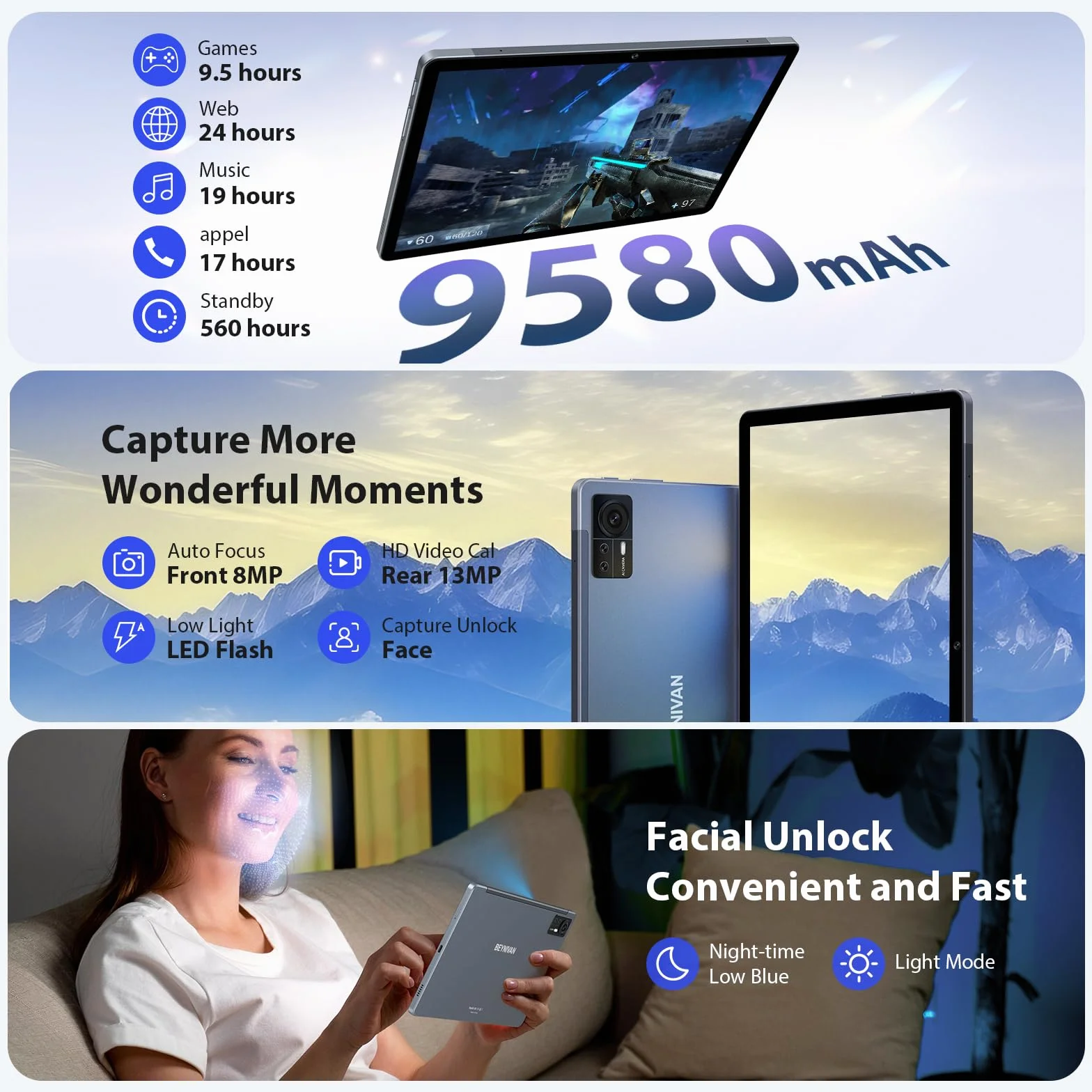 Tablet 11 Pollici Android 15 Tablet,Doppio SIM 4G LTE+5G WiFi,Octa-Core 2.0Ghz,2000x1200 FHD/36GB RAM+128GB ROM/9580mAh/Face Unlock/OTG/GPS-Tablets in Offerta con Tastiera e Mouse,Grigio