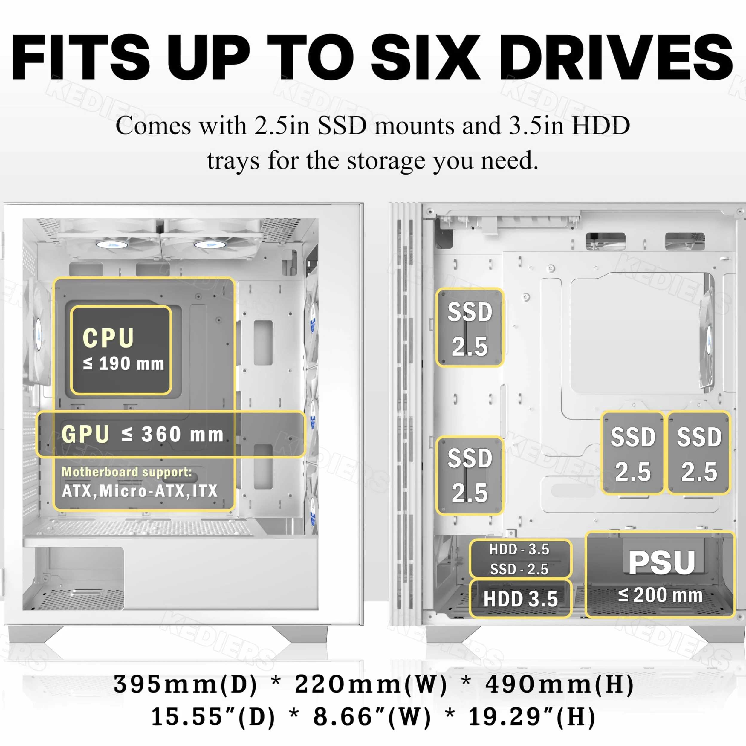 KEDIERS Case PC - 6 ventole PWM preinstallate, custodia da gioco ATX Mid Tower Case per computer a rete con aperture laterali in vetro temperato, G300, bianco