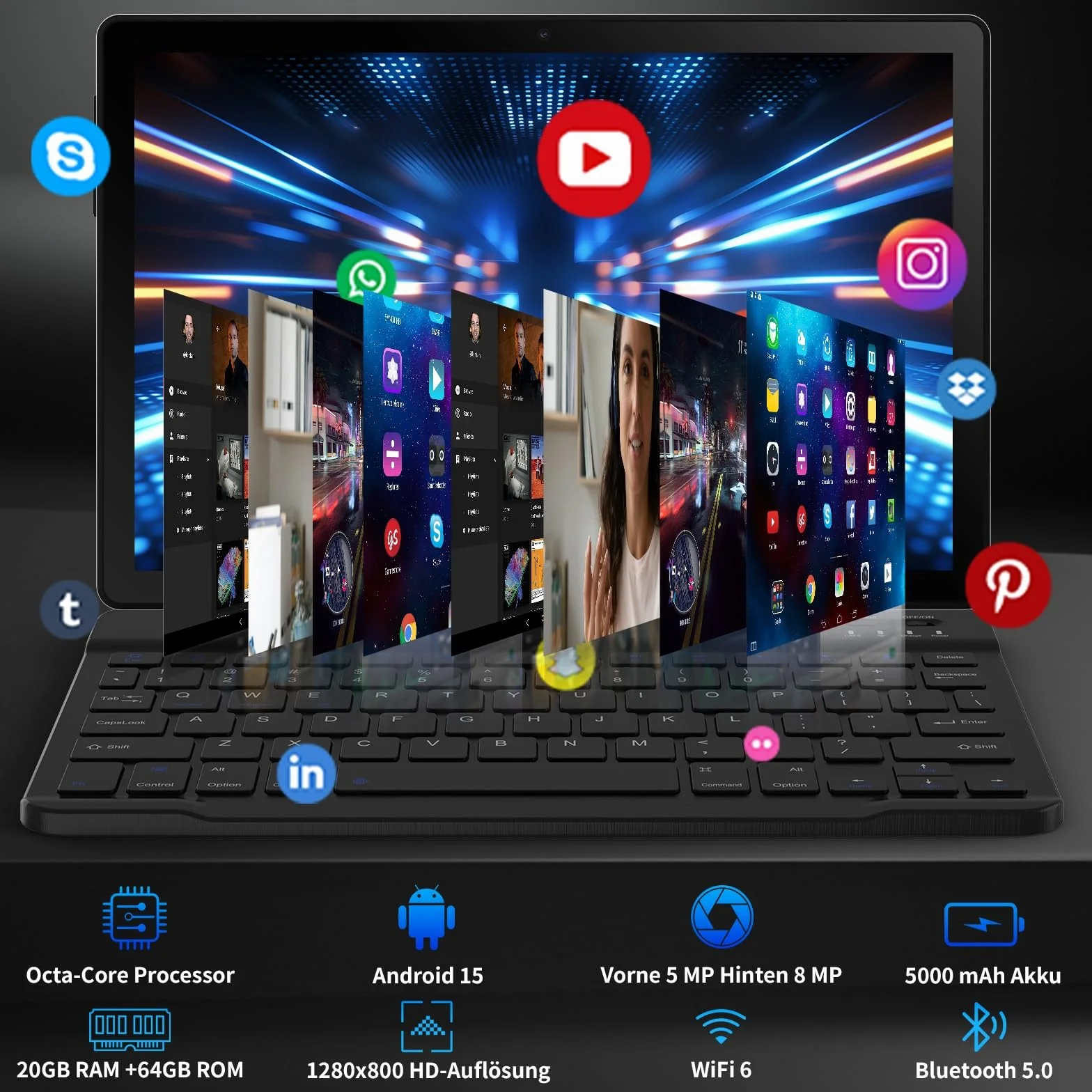 Tablet 10 Pollici Kit 8-in-1 Android 15 Tablet PC con Custodia, Tastiera, Mouse, Penna, Cuffie, Alimentatore, Cavo, Octa-Core, 20 GB RAM, 64 GB ROM, Espandibile 1TB,Display IPS 1280x800,5000 mAh(Nero)