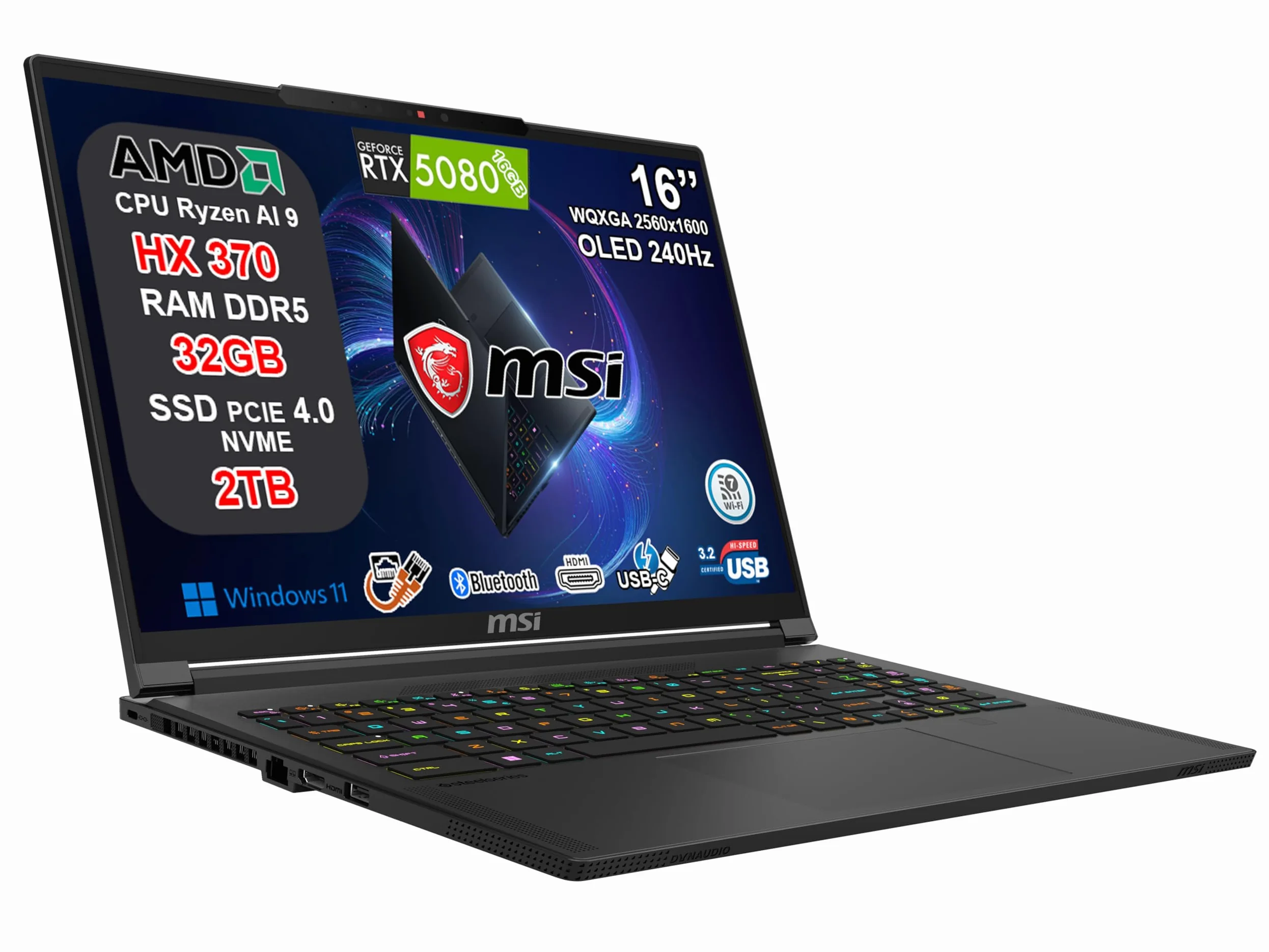 msi Stealth A16 AI+ Notebook Gaming Ryzen AI 9 HX 370, RTX 5080 16GB GDDR7, 32GB RAM, 2TB SSD, 16" QHD+ OLED HDR 240Hz 100% DCI-P3, Thunderbolt 4, Wi-Fi 7, Tastiera RGB, Fingerprint, Windows 11
