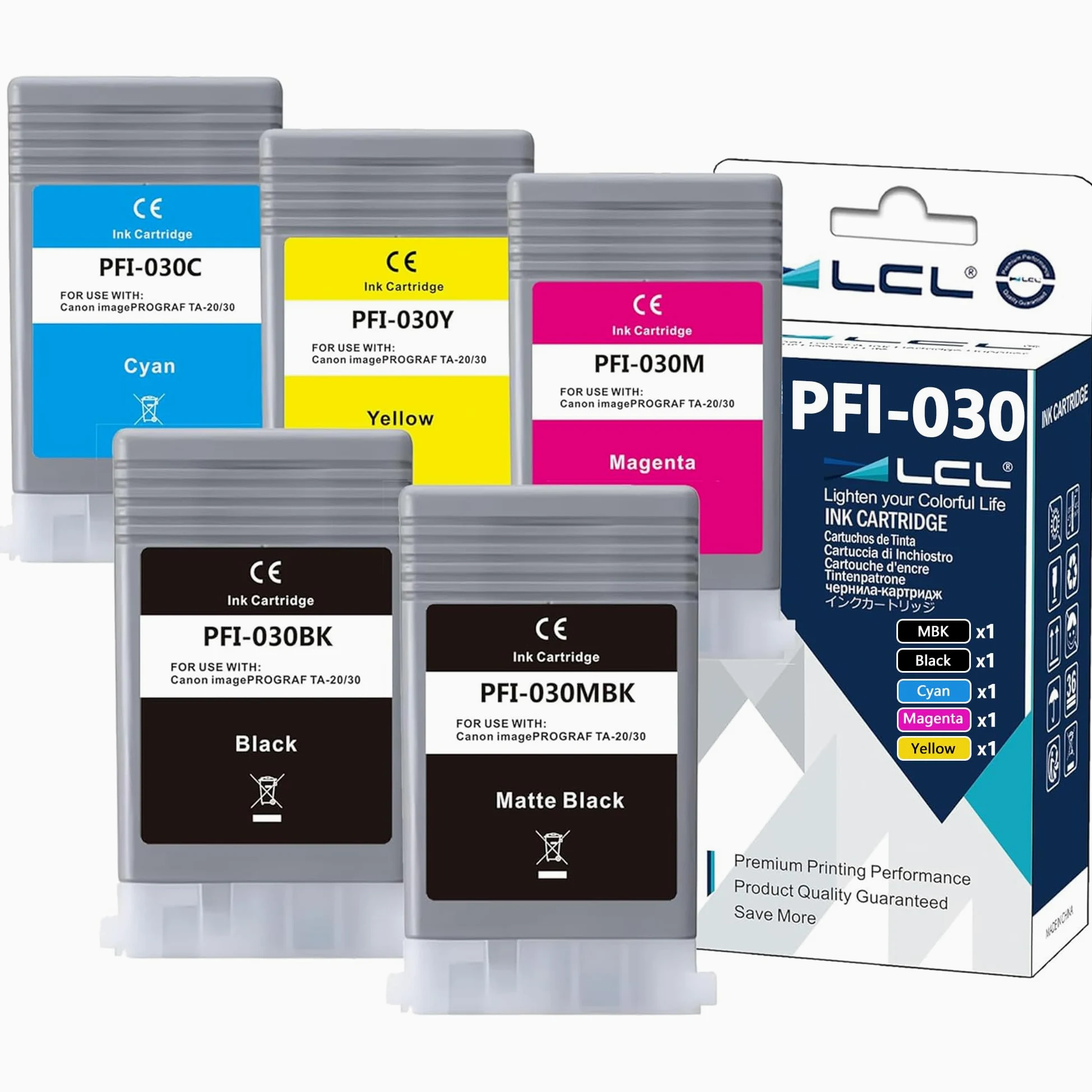 LCL PFI-030 Cartuccia d'inchiostro compatibile PFI030 PFI-030 PFI-030MBK PFI-030BK PFI-030C PFI-030M PFI-030Y (MBK+KCMY) Sostituzione per Canon ImagePrograf TA-20 ImagePrograf TA-30