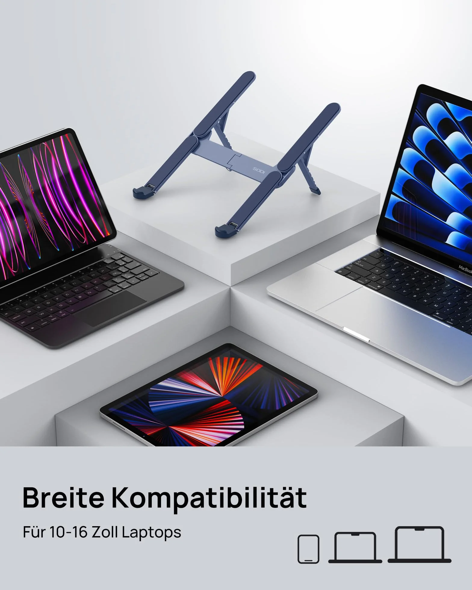 SODI Supporto pieghevole in alluminio per computer portatile, regolabile in altezza, ventilato, per MacBook Pro/Air, HP, Sony, Dell, tutti i laptop da 10 a 16 pollici,Blau