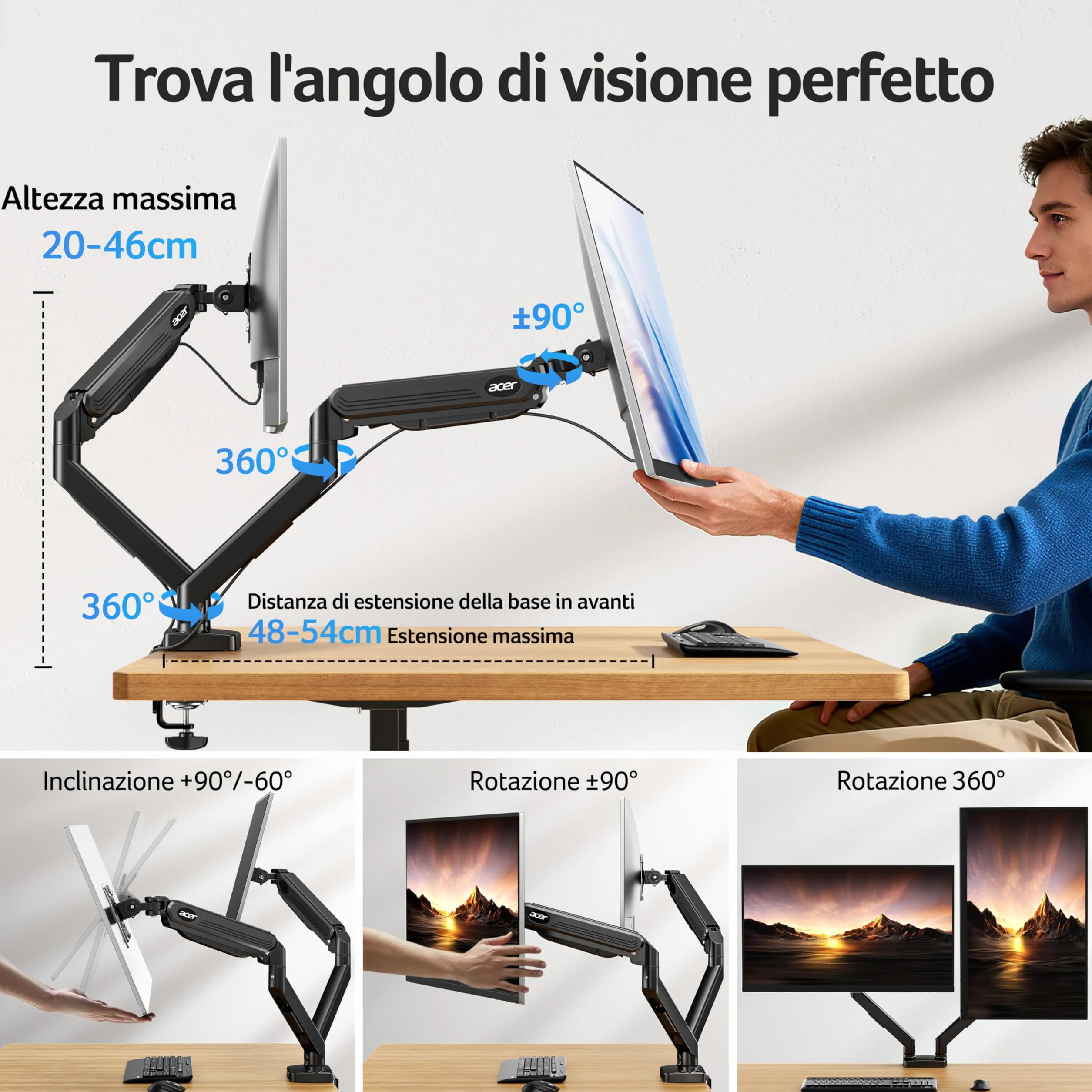 acer Braccio Monitor Doppio Supporto Schermi 17-32 Pollici, Supporto Monitor Scrivania con Molla a Gas, Regolabile in Altezza, Capacità di Carico 2-9 kg, VESA 75x75/100x100