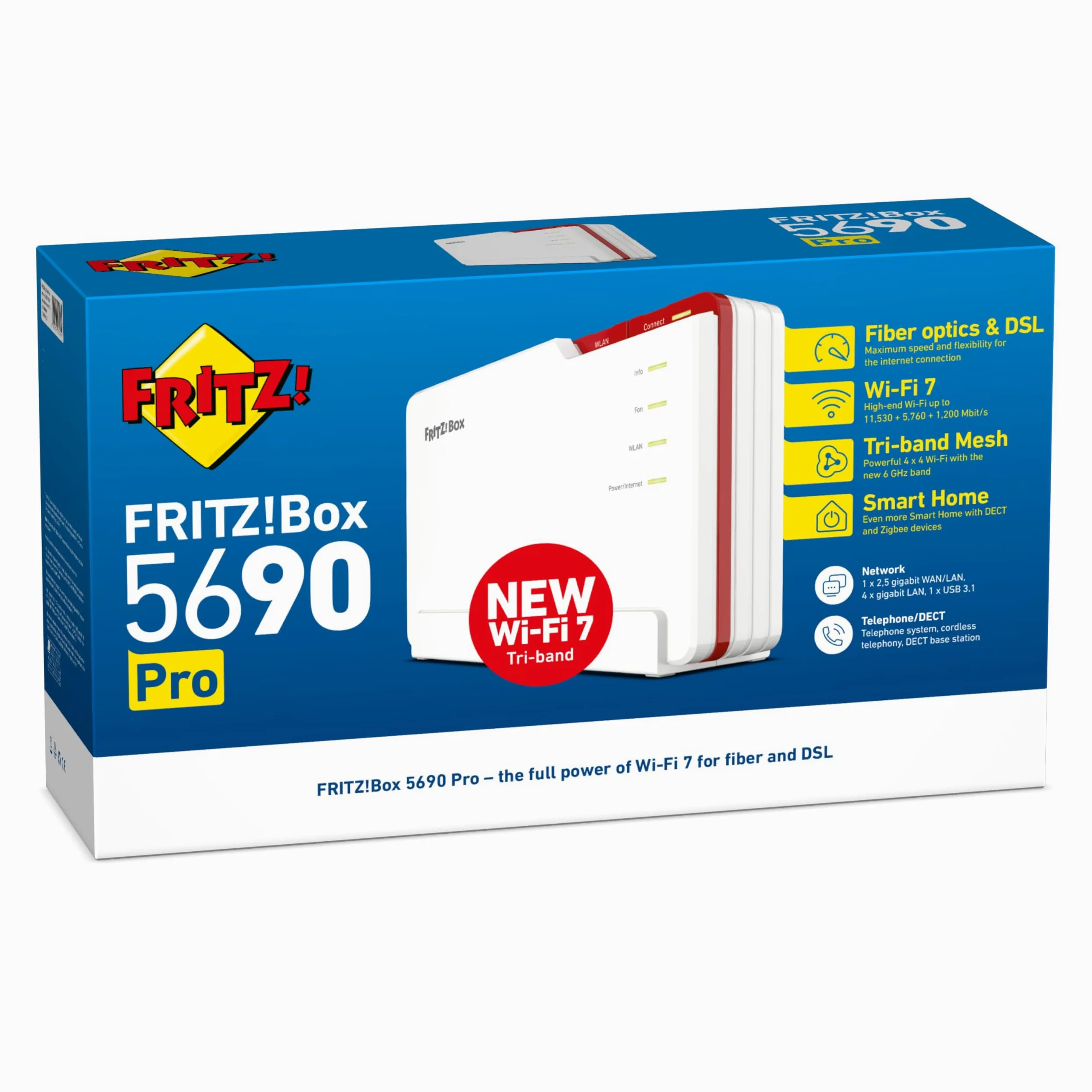 FRITZ!Box 5690 Pro, Premium Modem Router Wi-Fi 7 Tri Band (2.4 GHz, 5 GHz, 6 GHz) Fino a 18.500 Mbit/s, per FTTC E/VDSL, ADSL e Fibra Ottica con ONT, 1x Wan 2,5 Gb, 4x Lan Gb, Zigbee, Mesh | Per connessioni DSL, AON e GPON, Wi-Fi tri-band (2,4+5+6 GHz), t