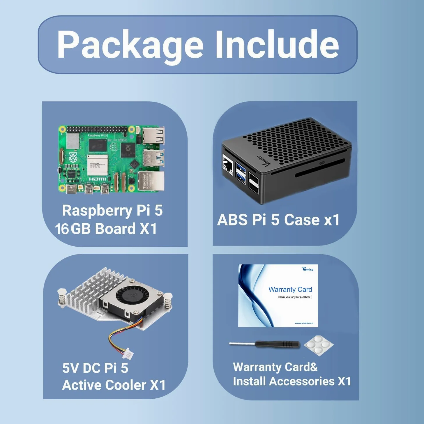 Vemico Raspberry Pi 5 16GB Kit con Pi 5 16GB scheda singola, dispositivo di raffreddamento attivo, custodia protettiva, scheda di garanzia e cacciavite