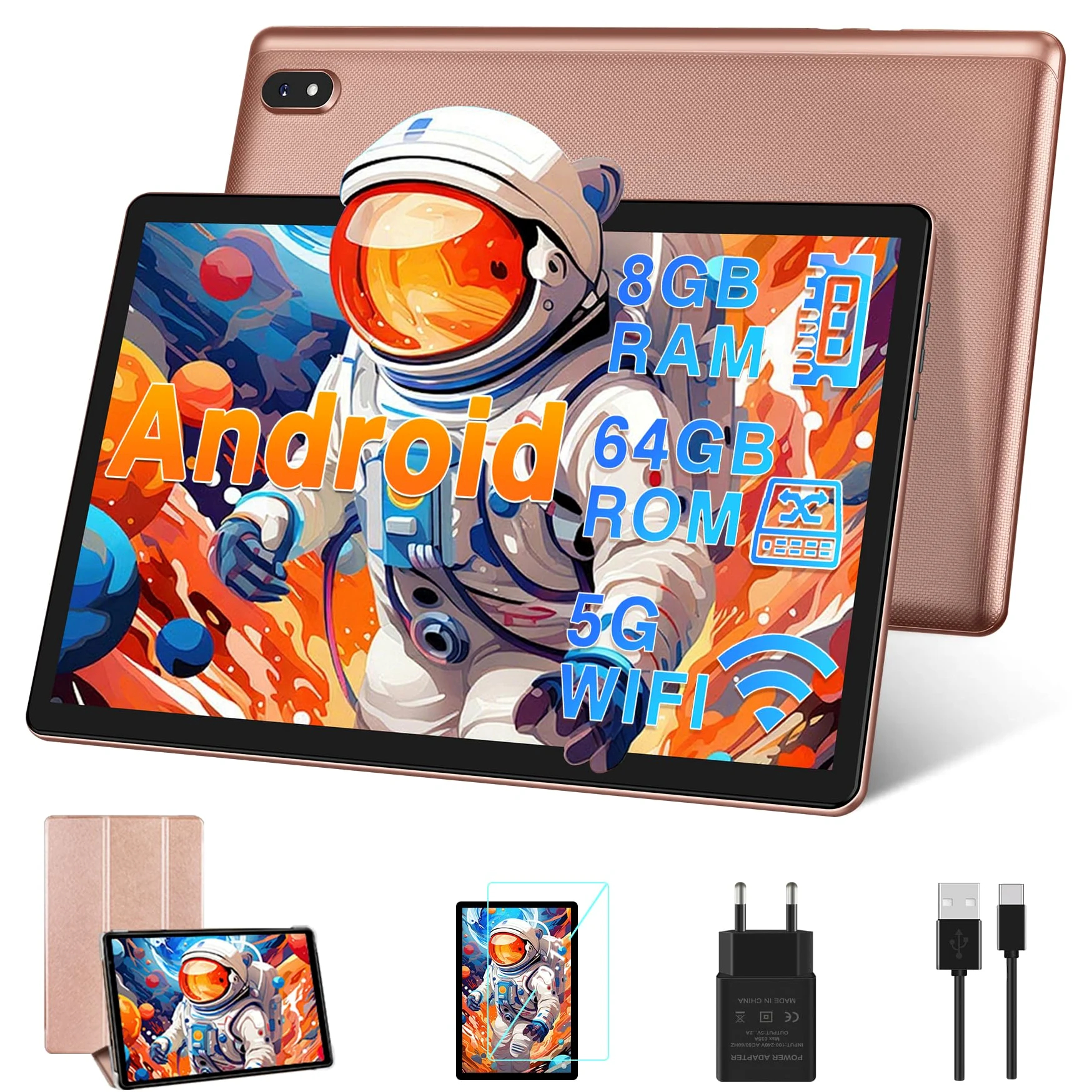 DMOAO Tablet 10 Pollici Android con 5G Wi-Fi, HD Tablet con 8 GB RAM + 64 GB ROM (Espandibile fino a 1 TB), GPS, 8 Cores 2.0 GHz, Bluetooth 5.0, 1280 * 800 IPS, USB-C, 6000 mAh, Oro