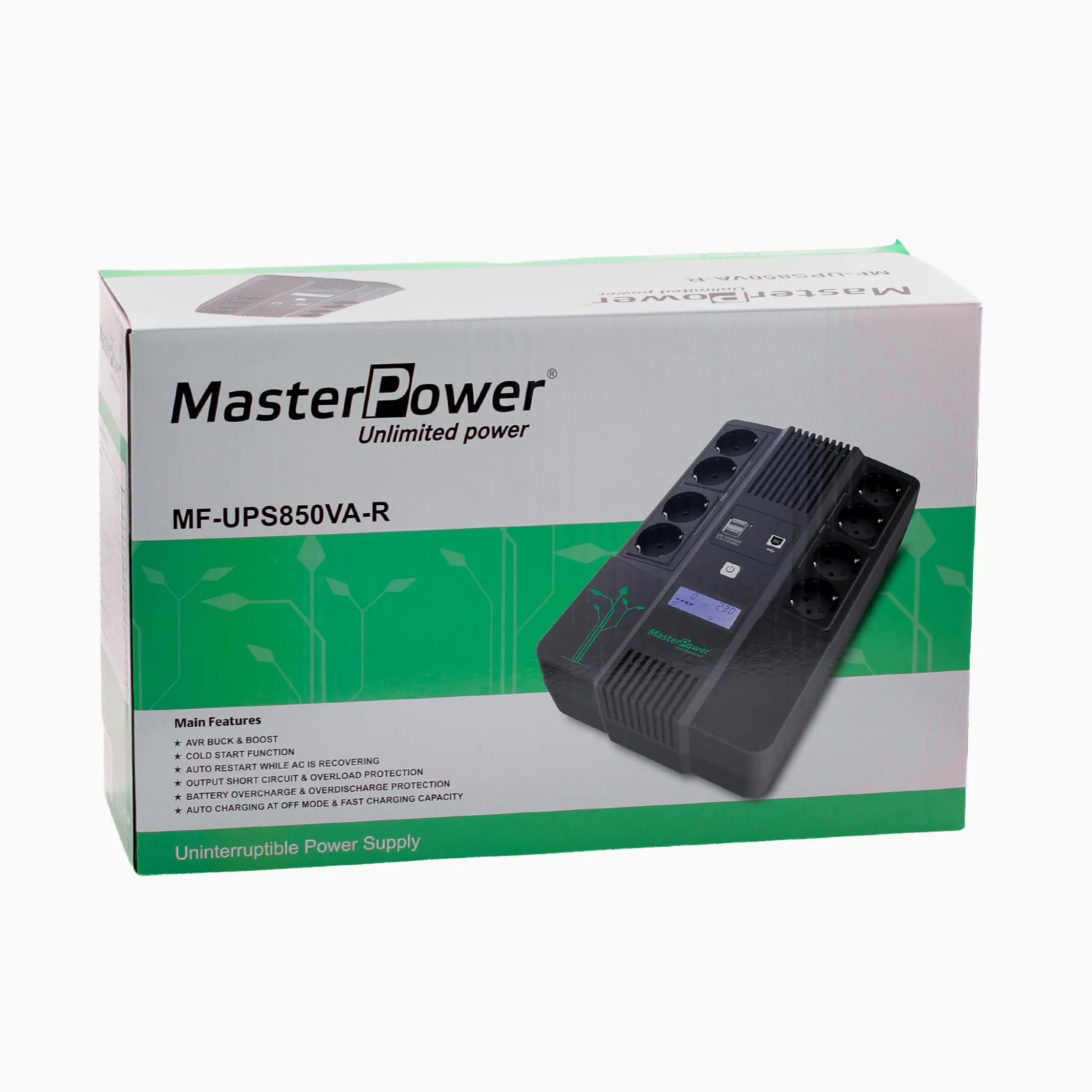 Master U-Power UPS 850VA (480W) Offline – Gruppo di Continuità con Display LCD, 8 Prese Schuko, USB e RJ45 – Protezione Elettrica per PC e Rete