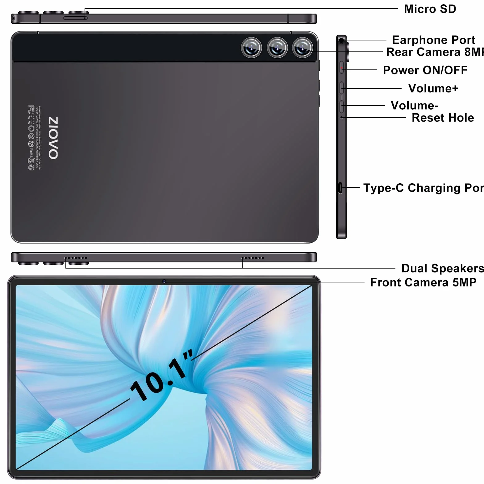 ZIOVO Tablet 10 Pollici Android 13 Tablets,14GB RAM + 128GB ROM(1TB TF),Octa-Core 2.0 GHz,5G WiFi/8000 mAh/8+5MP/BT 5.0/Widgets/Corpo in Metallo,Tablet con Custodia Protettiva - Grigio