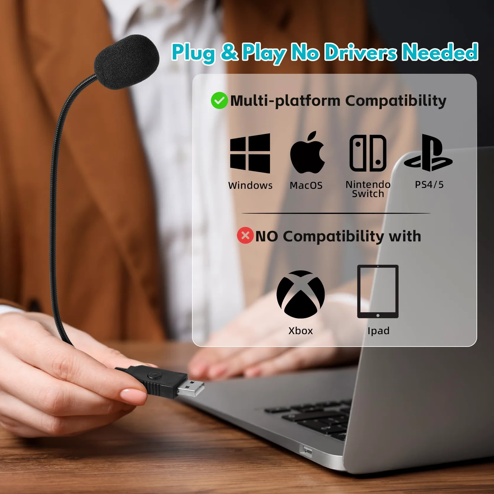 Mini microfono USB per laptop, microfono per computer desktop, microfono a condensatore con collo d'oca e pulsante muto, compatibile con PC e Mac, Plug & Play, per riunioni, chiamate,