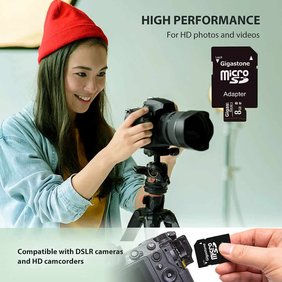 Gigastone Scheda di memoria da 8 GB, confezione da 5 schede, ad alta velocità di lettura fino a 80 MB/s. Ideale per portatile Full HD Video, U1 C10 Scheda Micro SDHC UHS-I con 2 mini custodie e 1