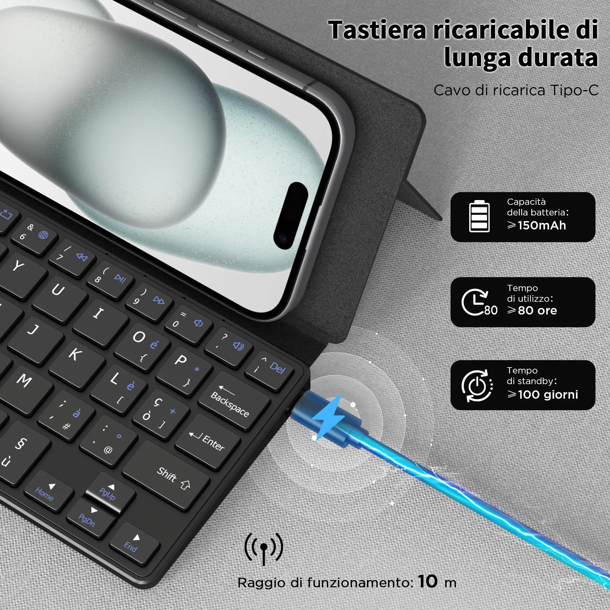 CACOE Tastiera Bluetooth Con Supporto, Mini Portatile Super Leggero, Pieghevole, A Doppio Canale per Cellulare, Smartphone e Altro iOS Android Windows, Nero