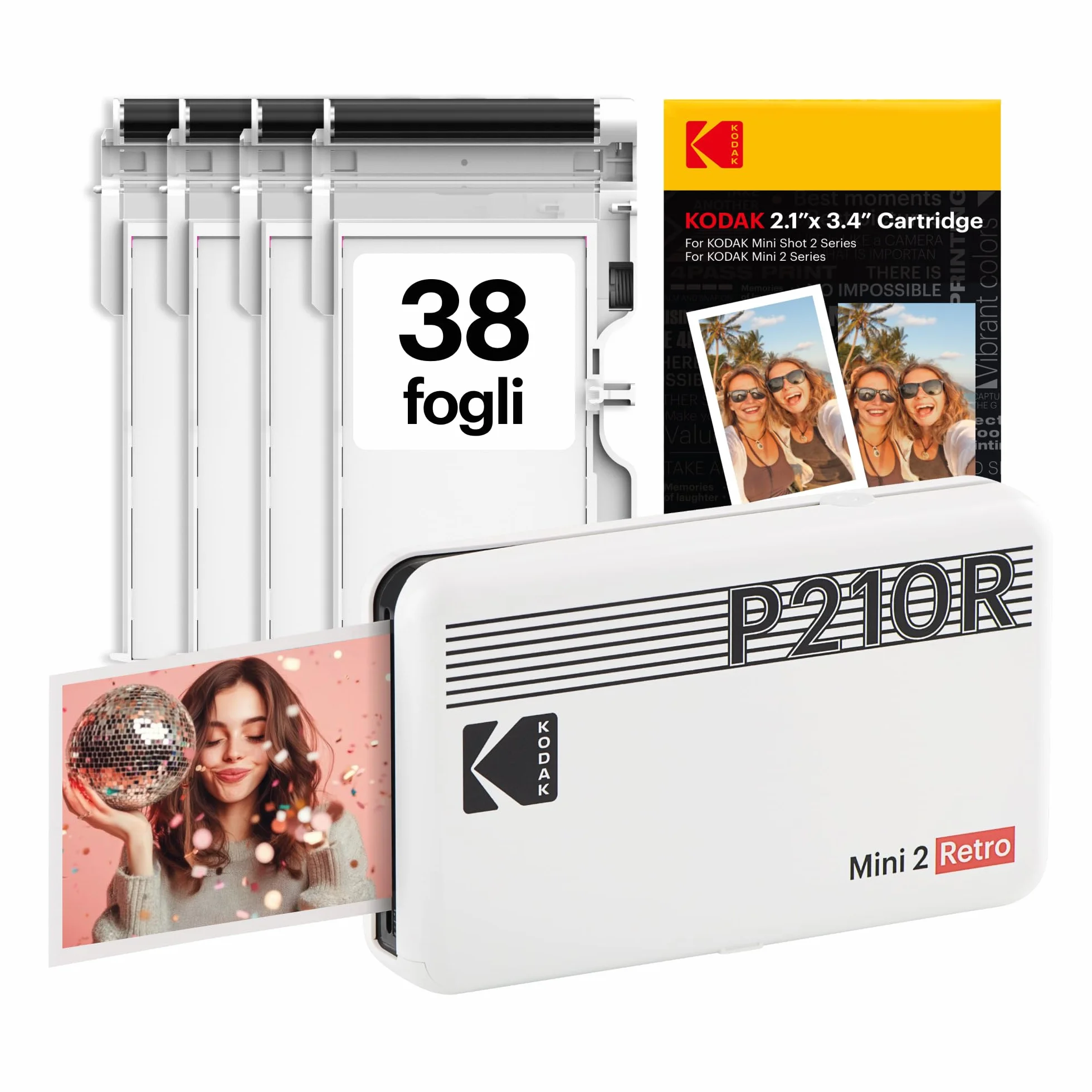 KODAK Mini 2 Retro 4PASS Stampante Fotografica Portatile 5.3x8.6cm 38 Fogli Bianco