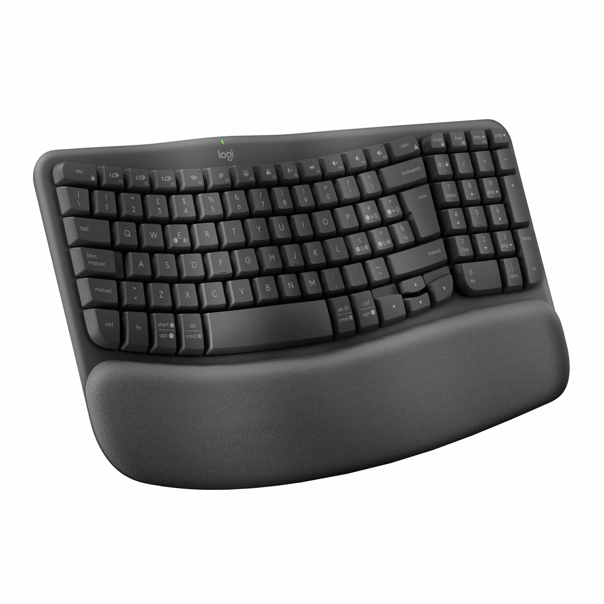 Logitech Wave Keys tastiera wireless ergonomica con supporto per i polsi imbottito, digitazione comoda, Easy-Switch, Bluetooth, Logi Bolt,compatibile con più sistemi operativi, Windows/Mac - Grafite