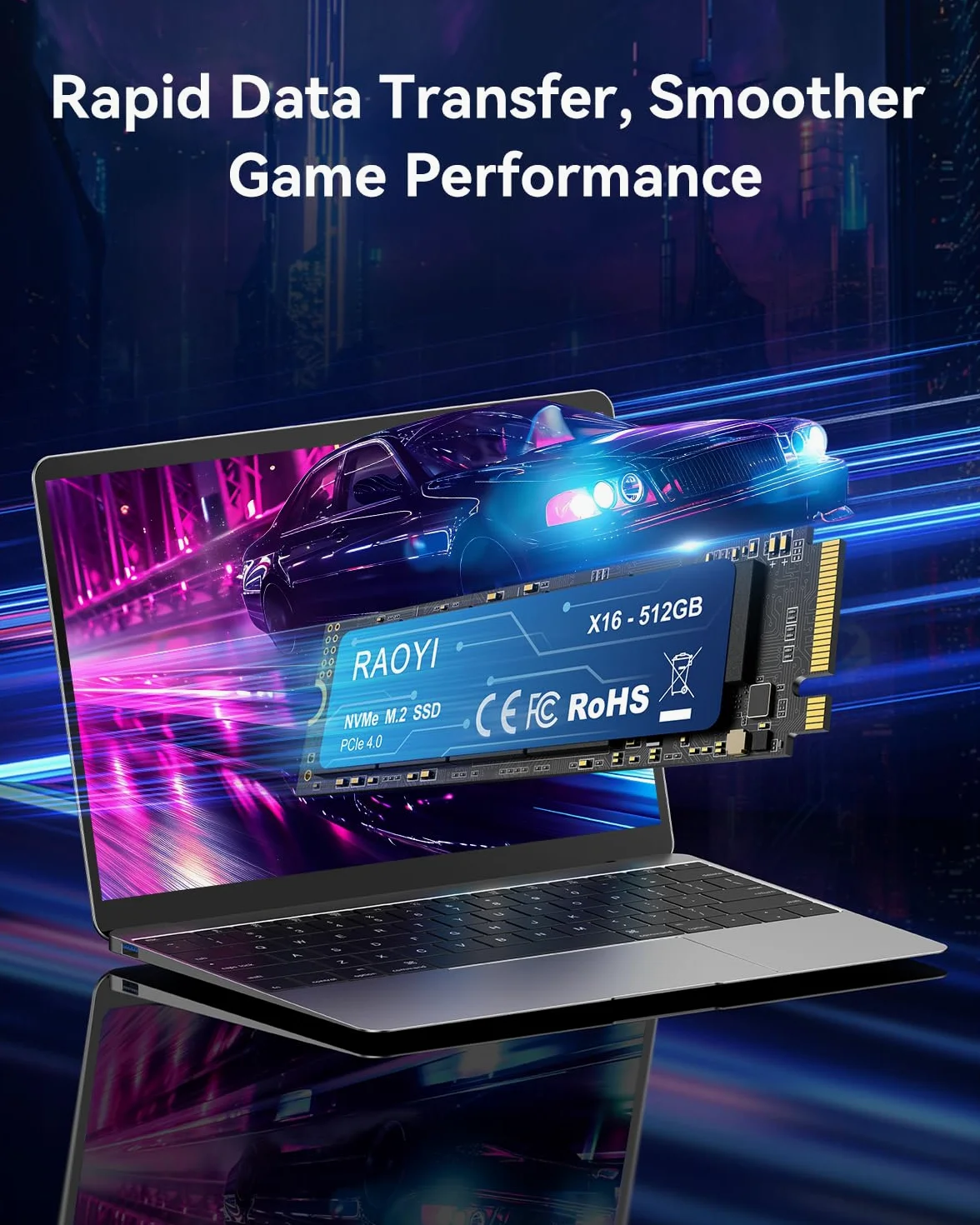 RAOYI Unità a stato solido interna NVMe da 512 GB M.2 2280 PCIe Gen4x4 SSD, fino a 5000 MB/s, configurazione cache SLC, archiviazione ed espansione di memoria per desktop laptop PS5