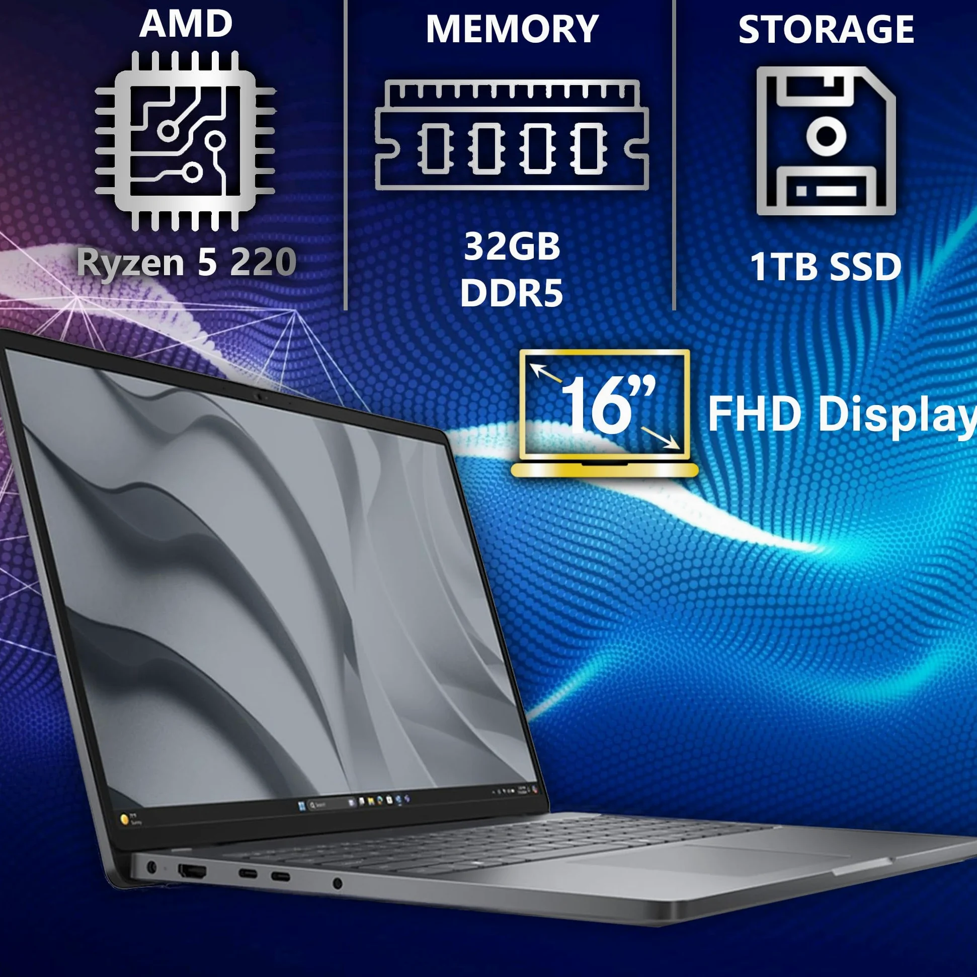 Dell Pro 16 FHD 16" Display Business Laptop, AMD Ryzen 5 220, 32GB DDR5 RAM, 1TB SSD PCIe, Tastiera retroilluminata, WiFi 6E + BT, RJ-45, HDMI, AI PC, HD Webcam, Windows 11 Pro - Magnetite Nero