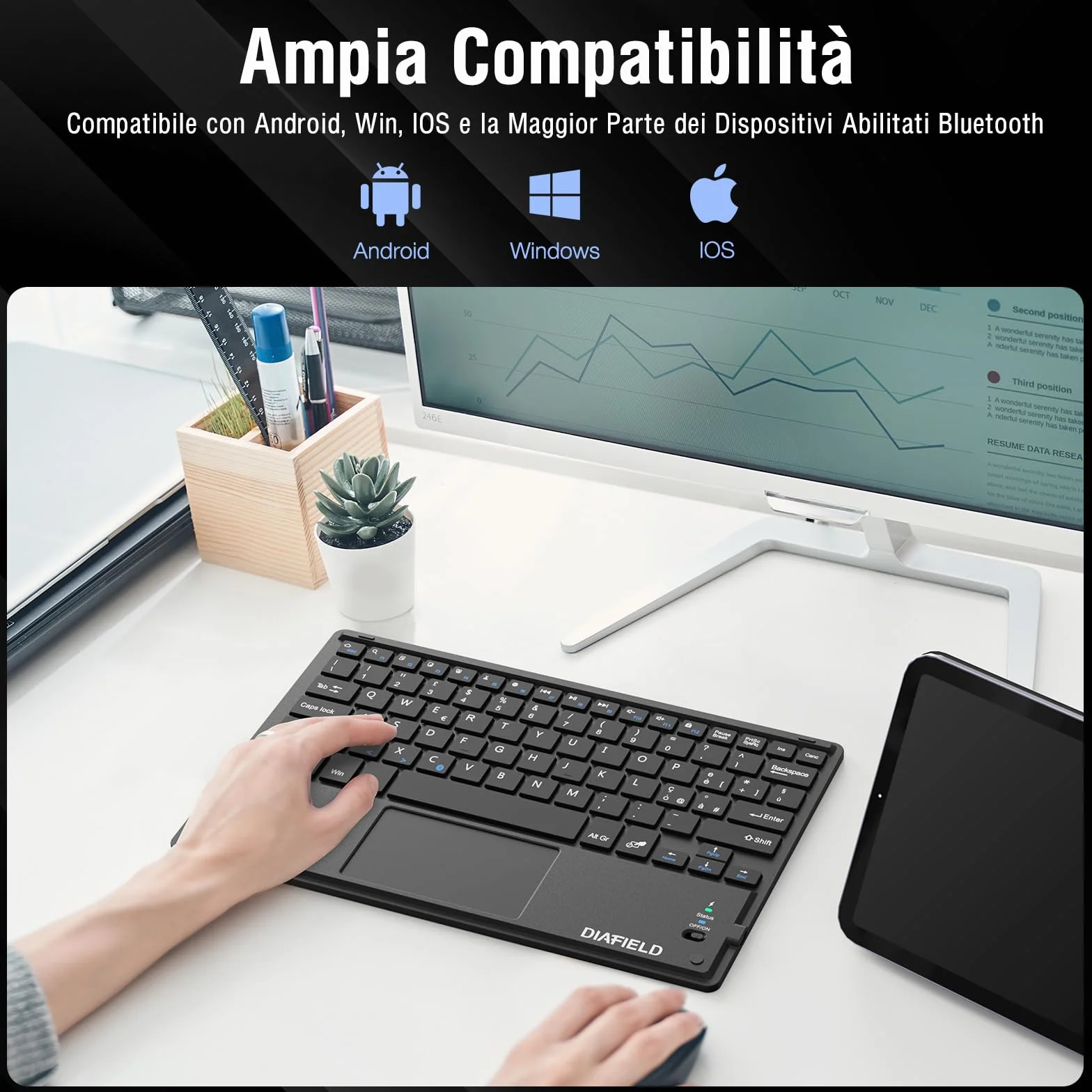 1 BY ONE Diafield Tastiera Bluetooth Wireless Ultra Sottile con Multi Touch Integrato Touch Pad e Batteria Ricaricabile per Android IOS e Windows, Tastiera Wireless, Nera