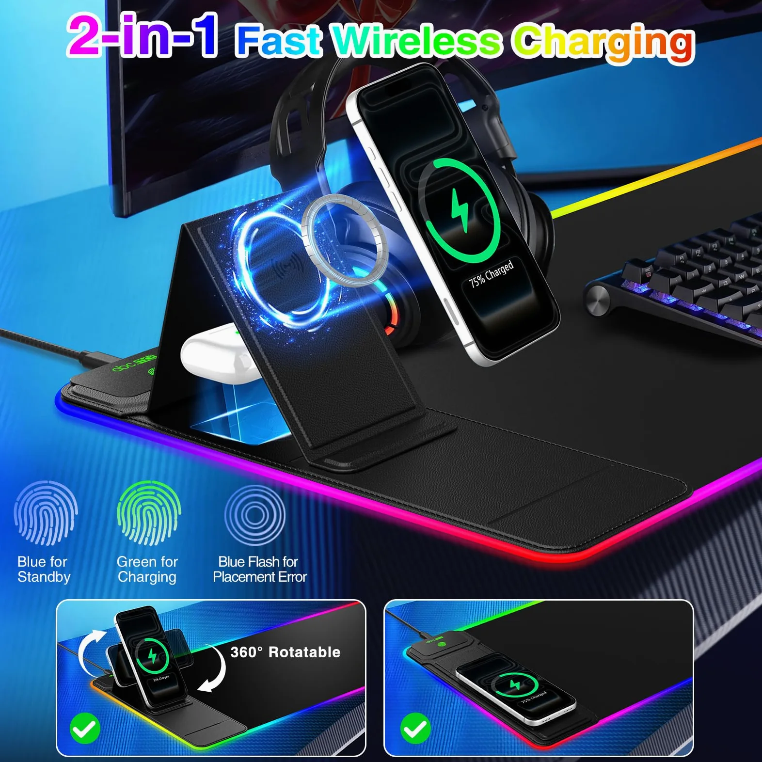 Tappetino per mouse da gioco XXL RGB LED con caricabatterie wireless magnetico e supporto pieghevole per telefono, 80 x 30 cm, tappetino da scrivania ultra liscio, 25 effetti di luce, base antiscivolo
