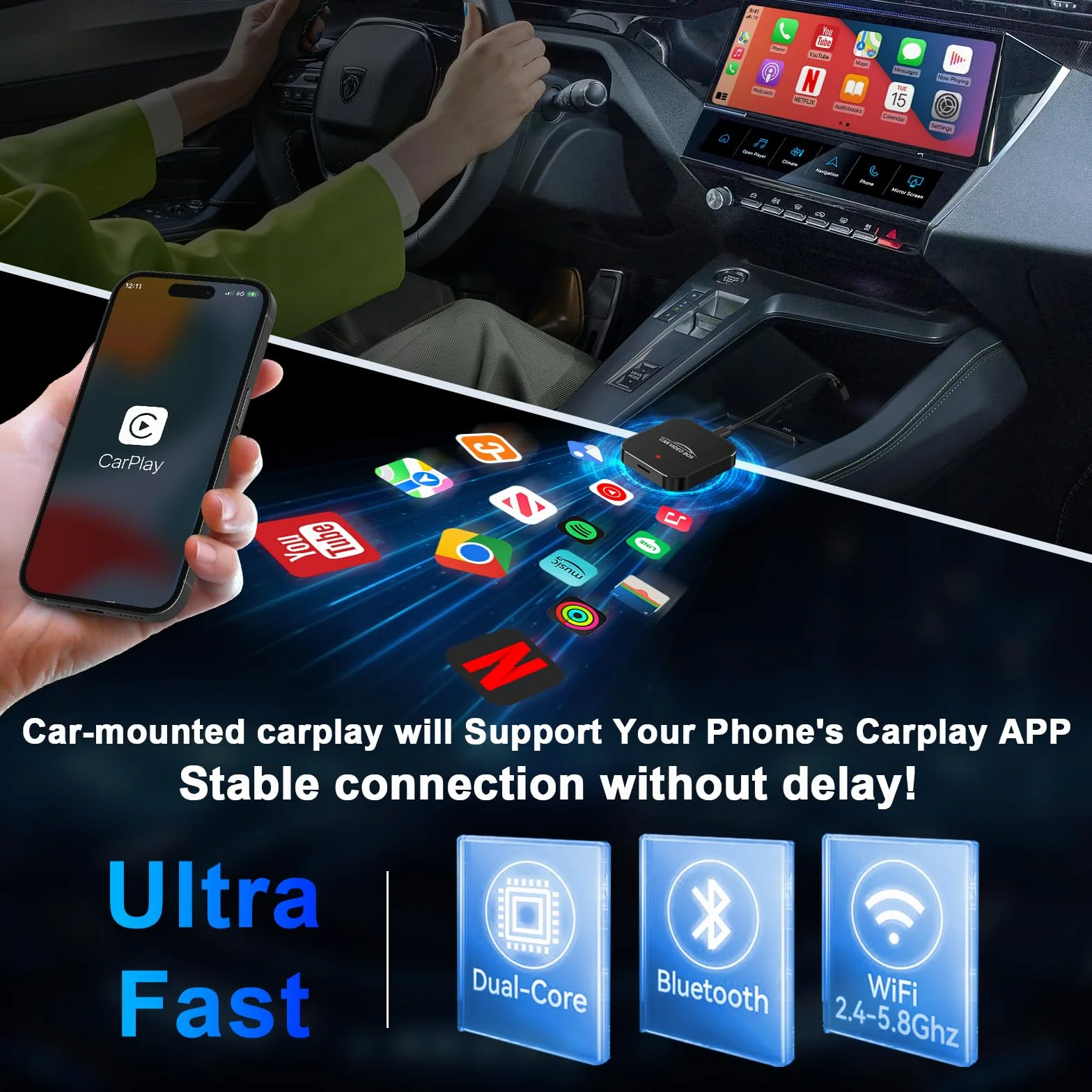 Adattatore Carplay wireless con YouTube, adattatore wireless Carplay 2024 e dongle Android Auto facile da configurare, WiFi 5GHz