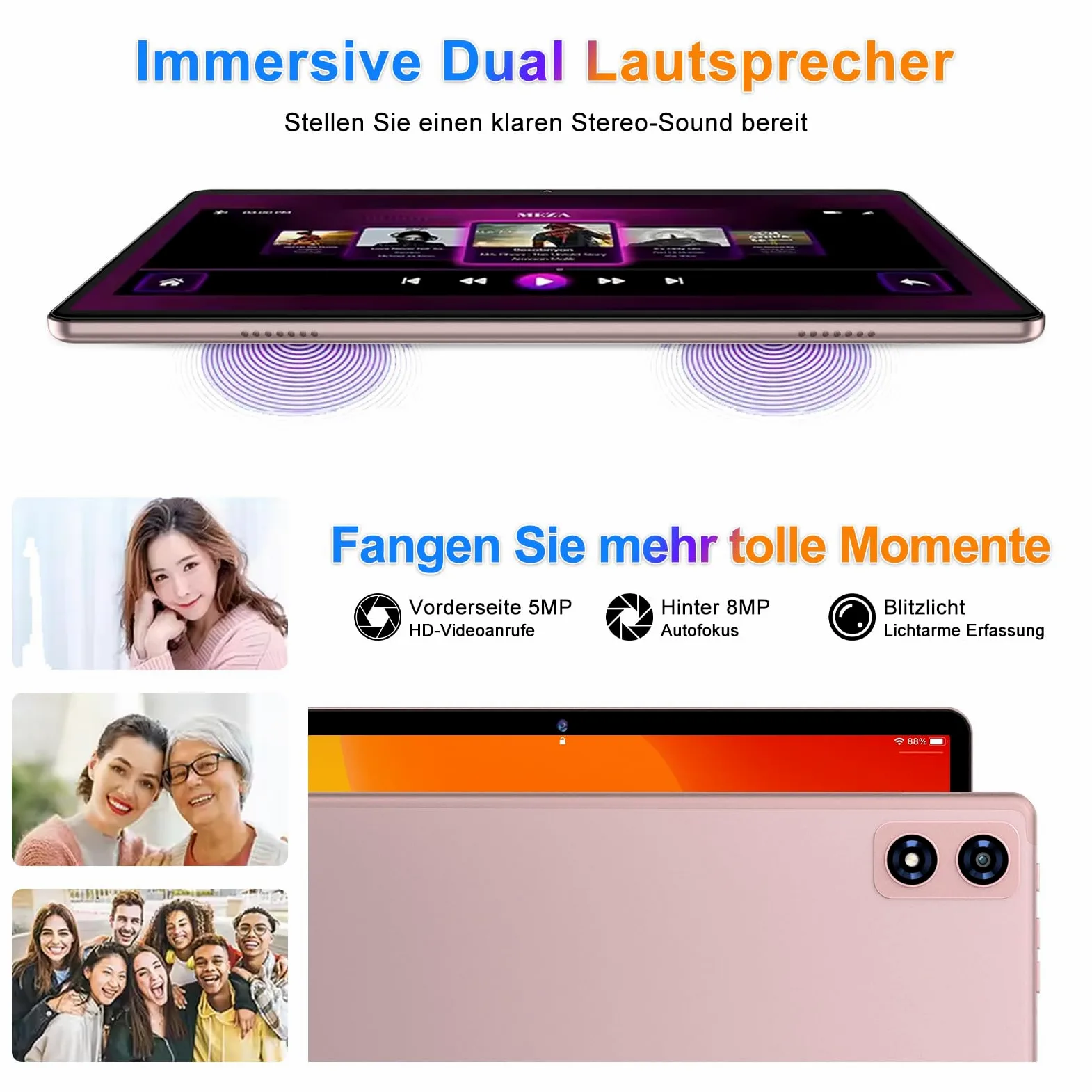 Tablet Android 10 pollici, 22 GB RAM + 128 GB ROM, Widevine L1, oro rosa | con tastiera mouse, 8000 mAh, Octa-Core, 5G WiFi, 1 TB di memoria estesa, 5MP+8MP