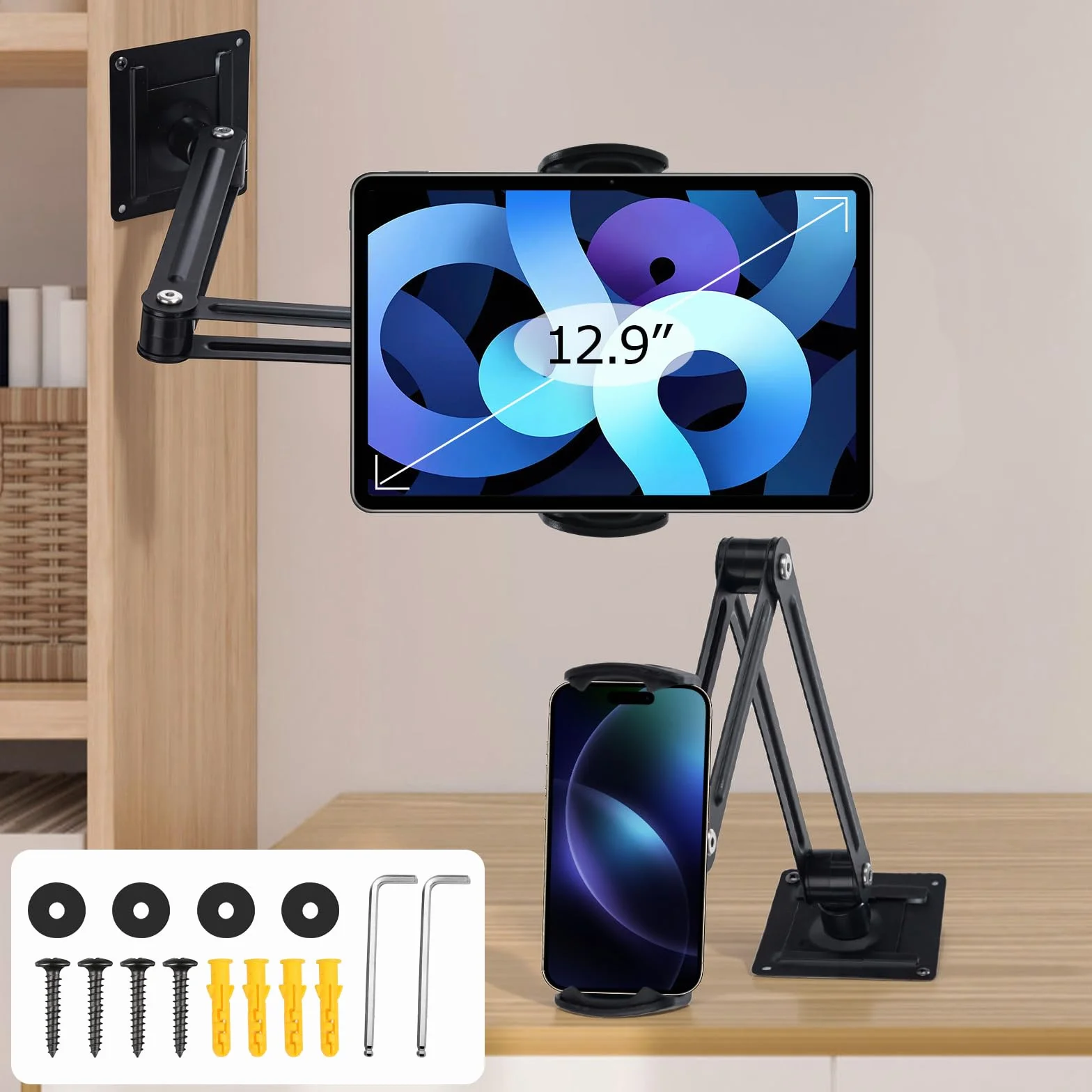 Porta Tablet da Letto in Alluminio, Supporto 360° Girevole per iPad 4.7-13 Pollici, a Muro