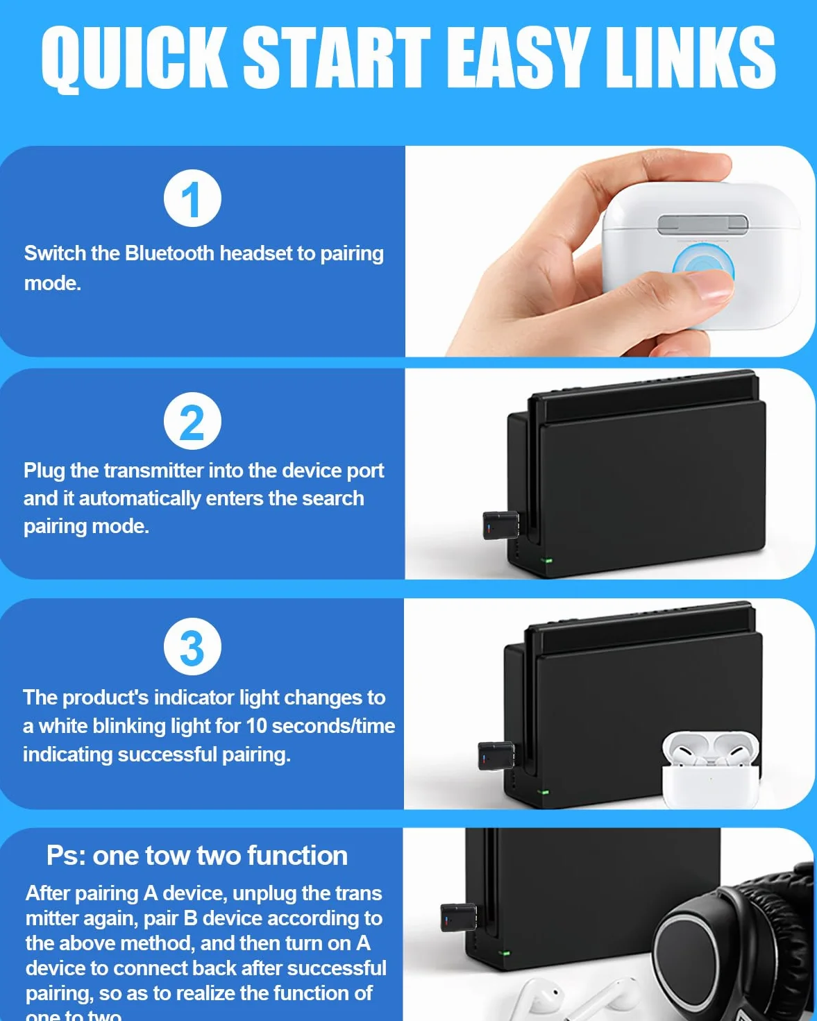 Adattatore USB Bluetooth 5.3 per PS4/PS5/PC/Switch Console, Audio Dongle Bluetooth 5.3 Chiavetta Adattatore USB 3 Mbit/s Trasmettitore Ricevitore Bluetooth Bassa Latenza per Windows/Cuffie